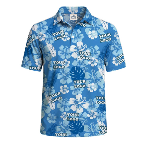 Aloha Blue Hibiscus White Polo Shirt For Men With Instant Preview - Mako Hawaiian