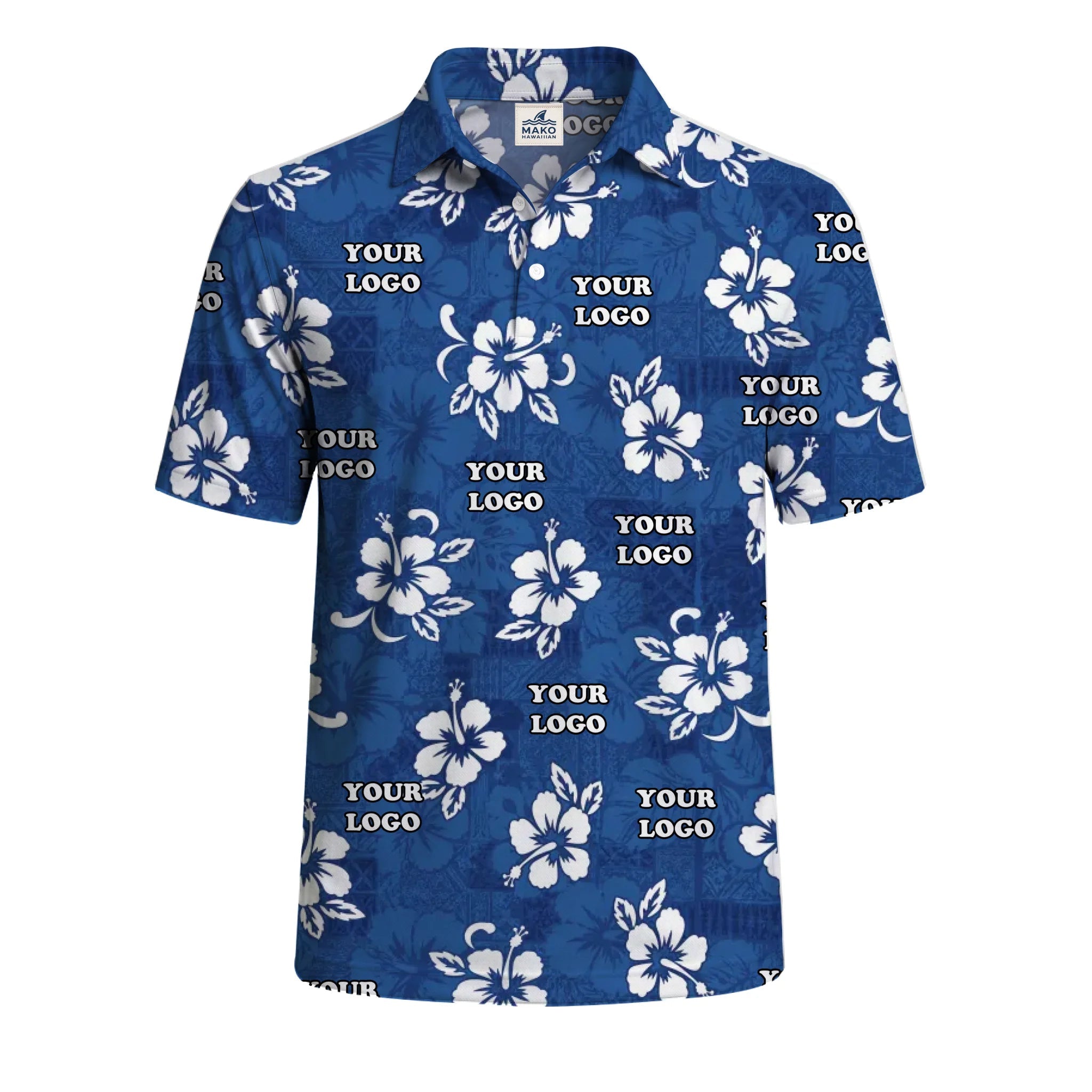 Blue Hibiscus Custom Polo Shirt With Company Logo - Mako Hawaiian