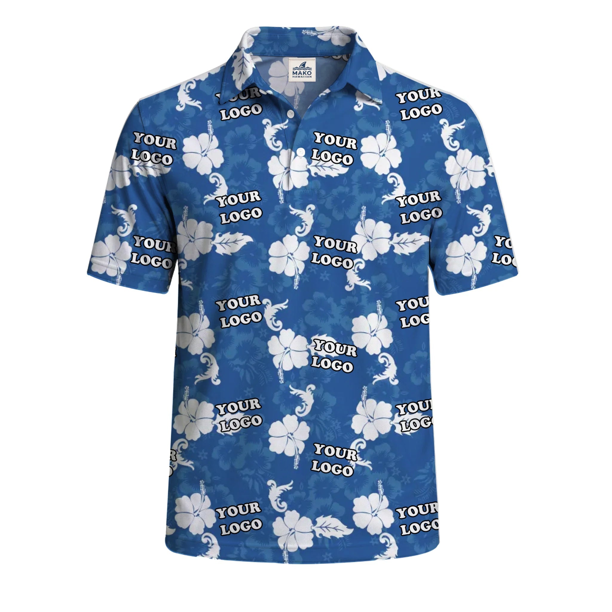 Blue Hibiscus Polo Shirt With Company Logo - Mako Hawaiian