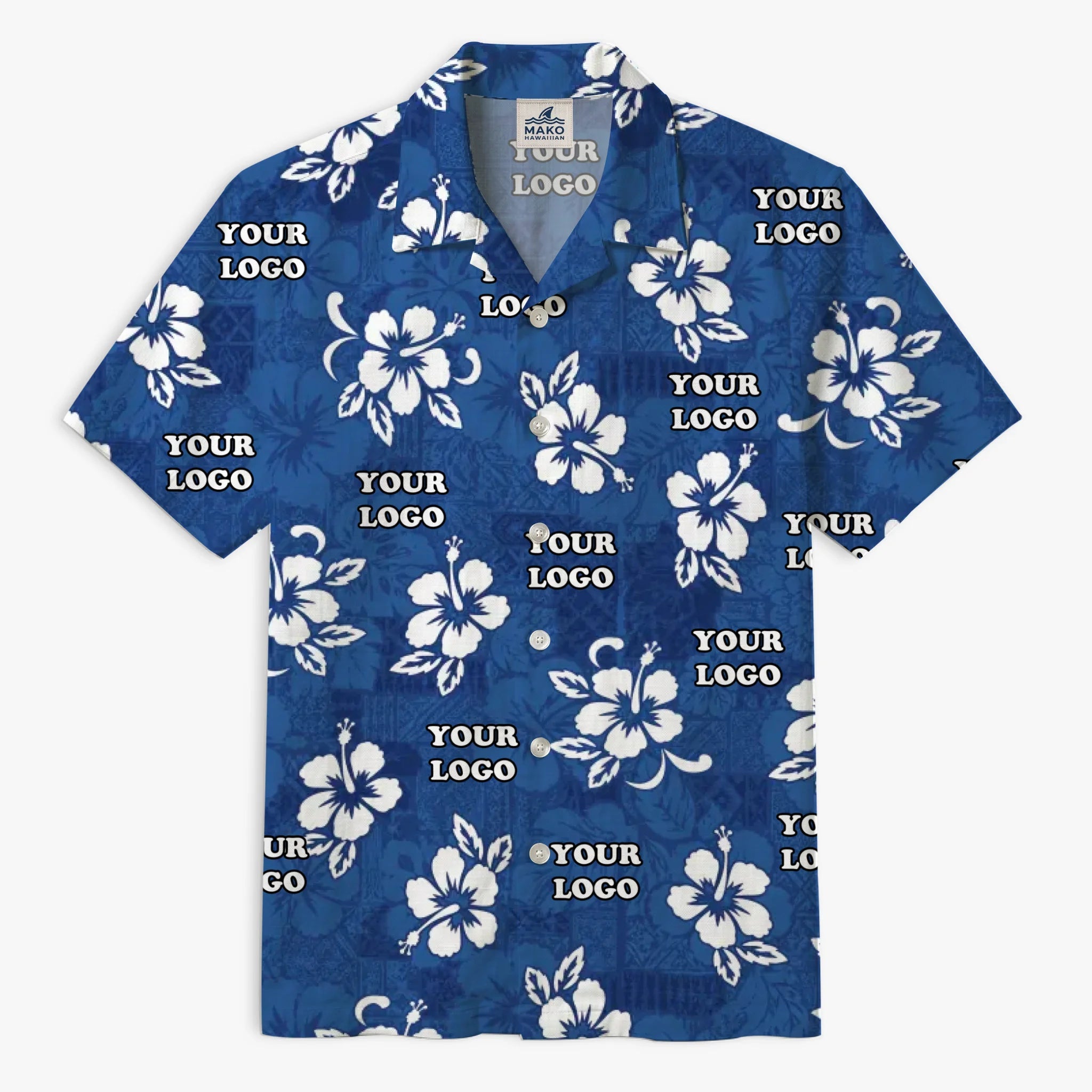 Blue Hisbiscus Custom Hawaiian Shirt With Company Logo - Mako Hawaiian