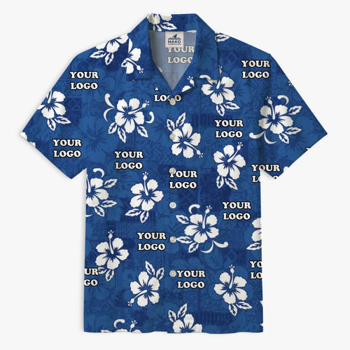 Blue Hisbiscus Custom Hawaiian Shirt With Company Logo - Mako Hawaiian