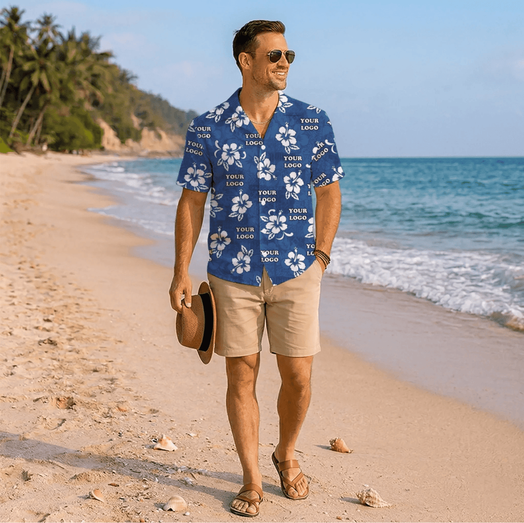 Blue Hisbiscus Custom Hawaiian Shirt With Company Logo - Mako Hawaiian