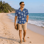 Blue Hisbiscus Custom Hawaiian Shirt With Company Logo - Mako Hawaiian