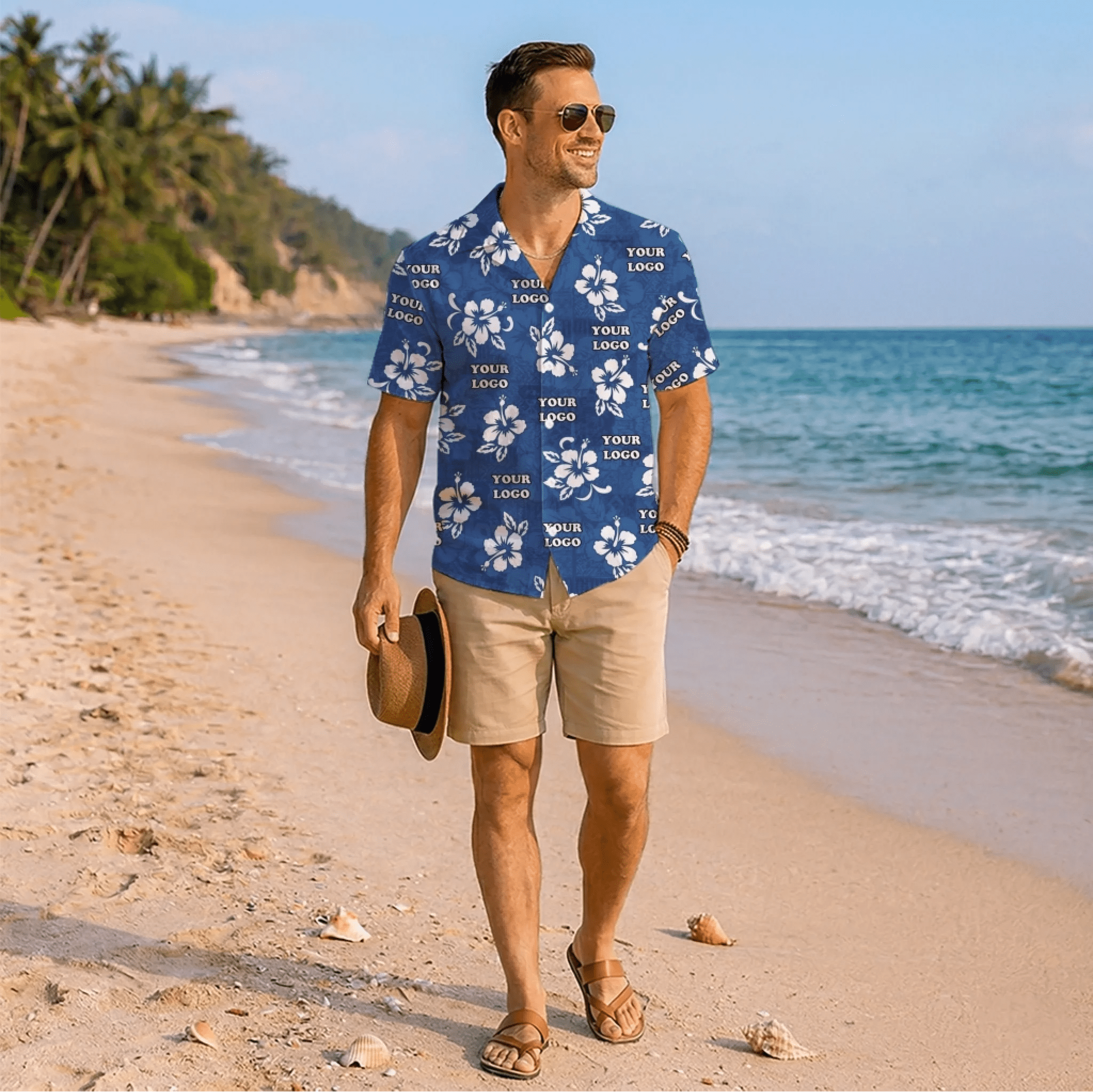 Blue Hisbiscus Custom Hawaiian Shirt With Company Logo - Mako Hawaiian