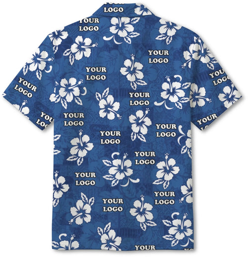 Blue Hisbiscus Custom Hawaiian Shirt With Company Logo - Mako Hawaiian