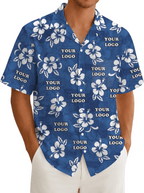 Blue Hisbiscus Custom Hawaiian Shirt With Company Logo - Mako Hawaiian