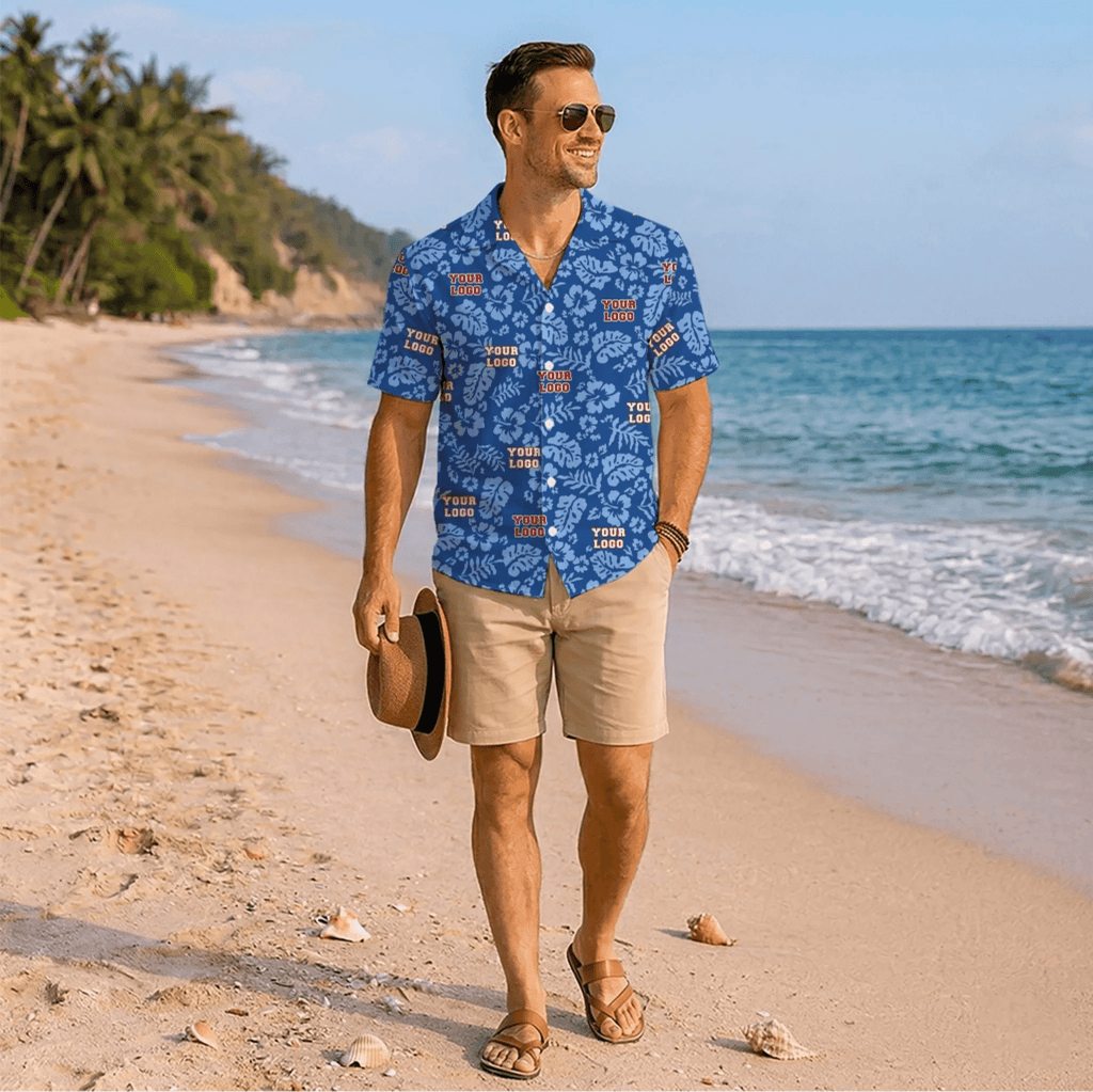 Custom Blue Hibiscus Hawaiian Shirt With Logo - Mako Hawaiian