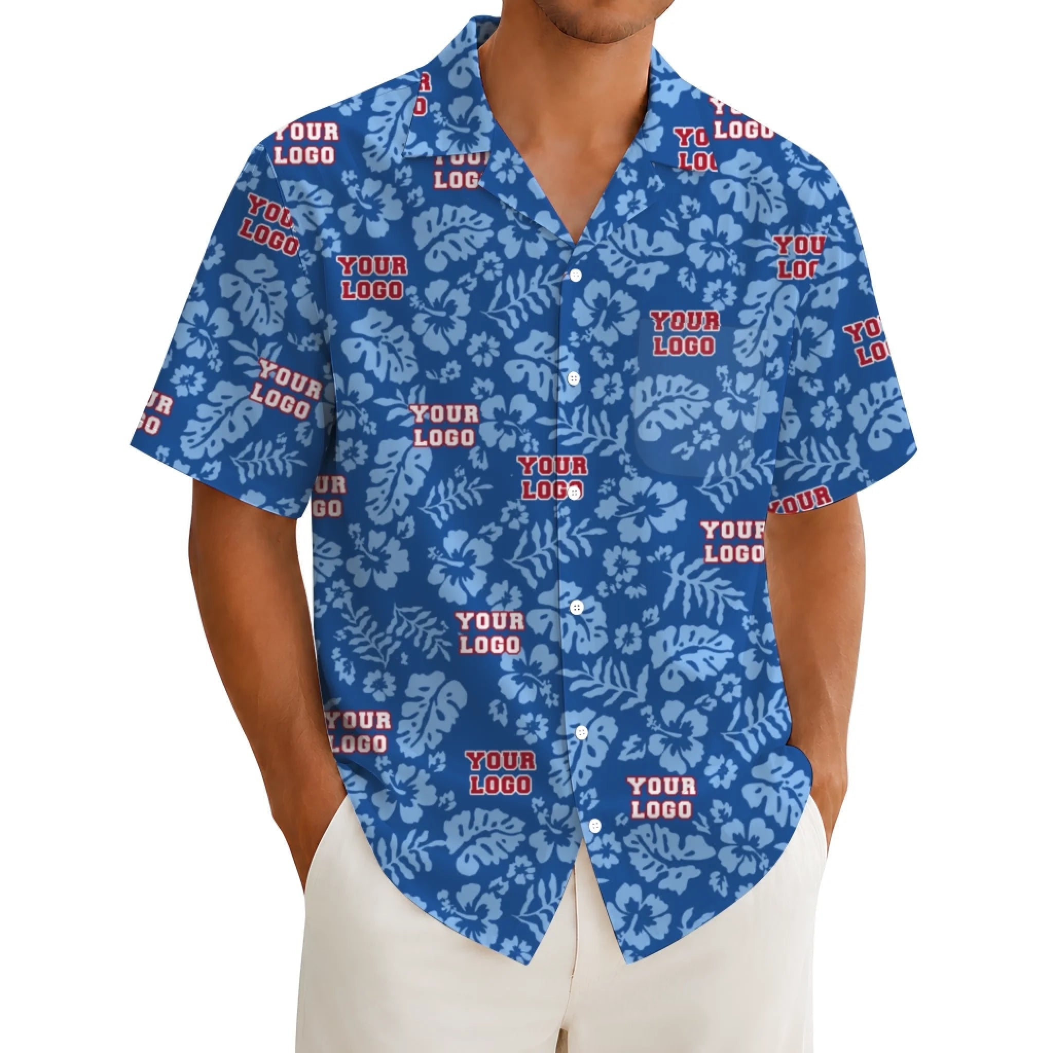 Custom Blue Hibiscus Hawaiian Shirt With Logo - Mako Hawaiian
