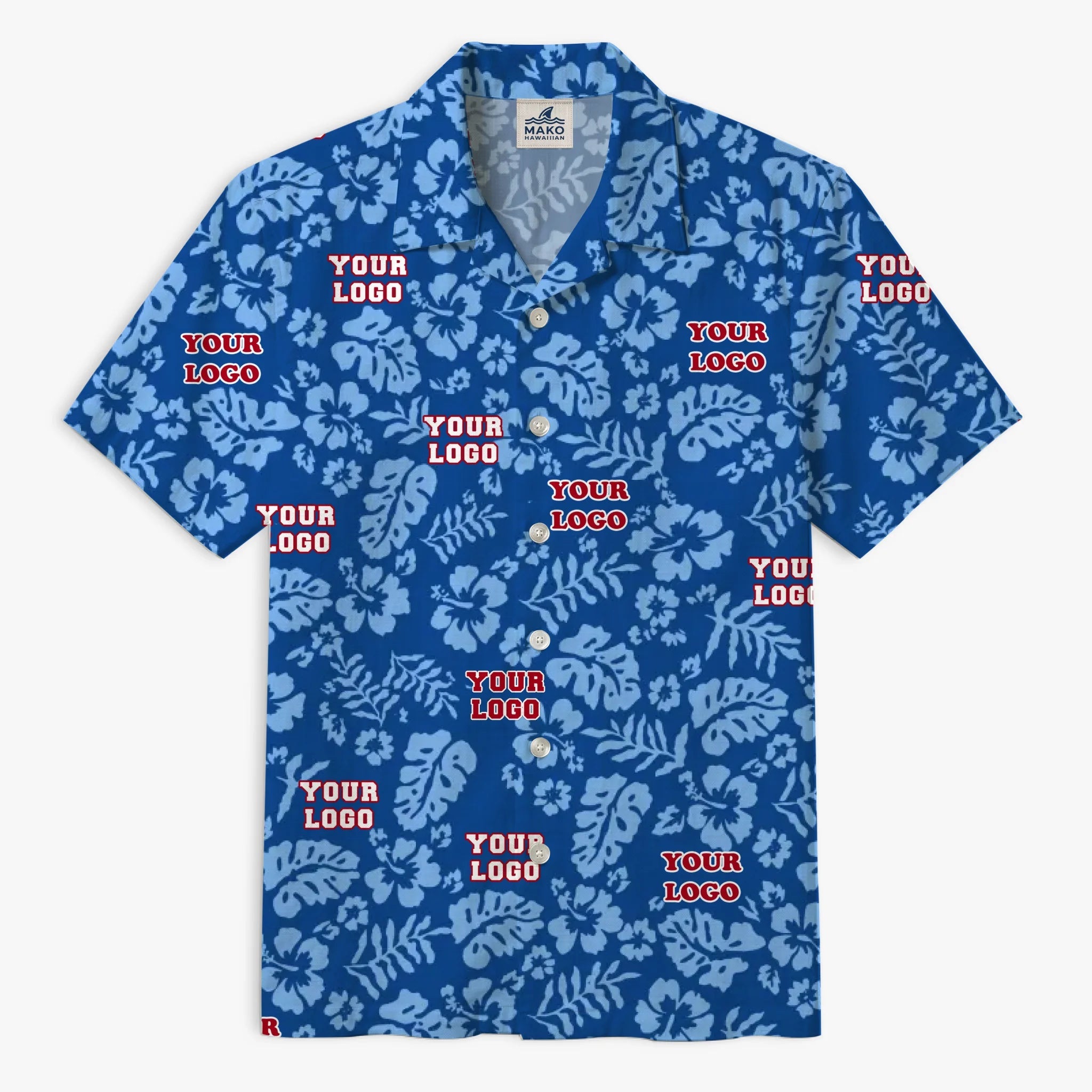 Custom Blue Hibiscus Hawaiian Shirt With Logo - Mako Hawaiian