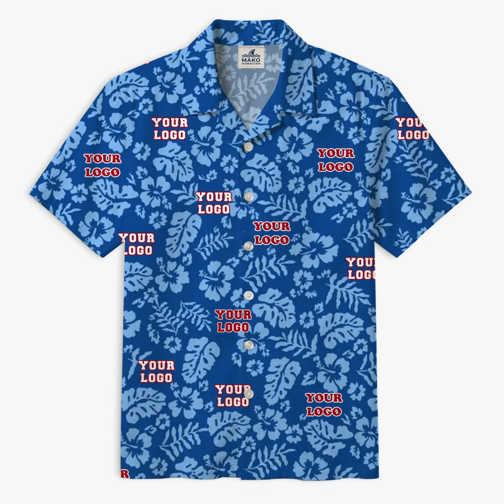 Custom Blue Hibiscus Hawaiian Shirt With Logo - Mako Hawaiian
