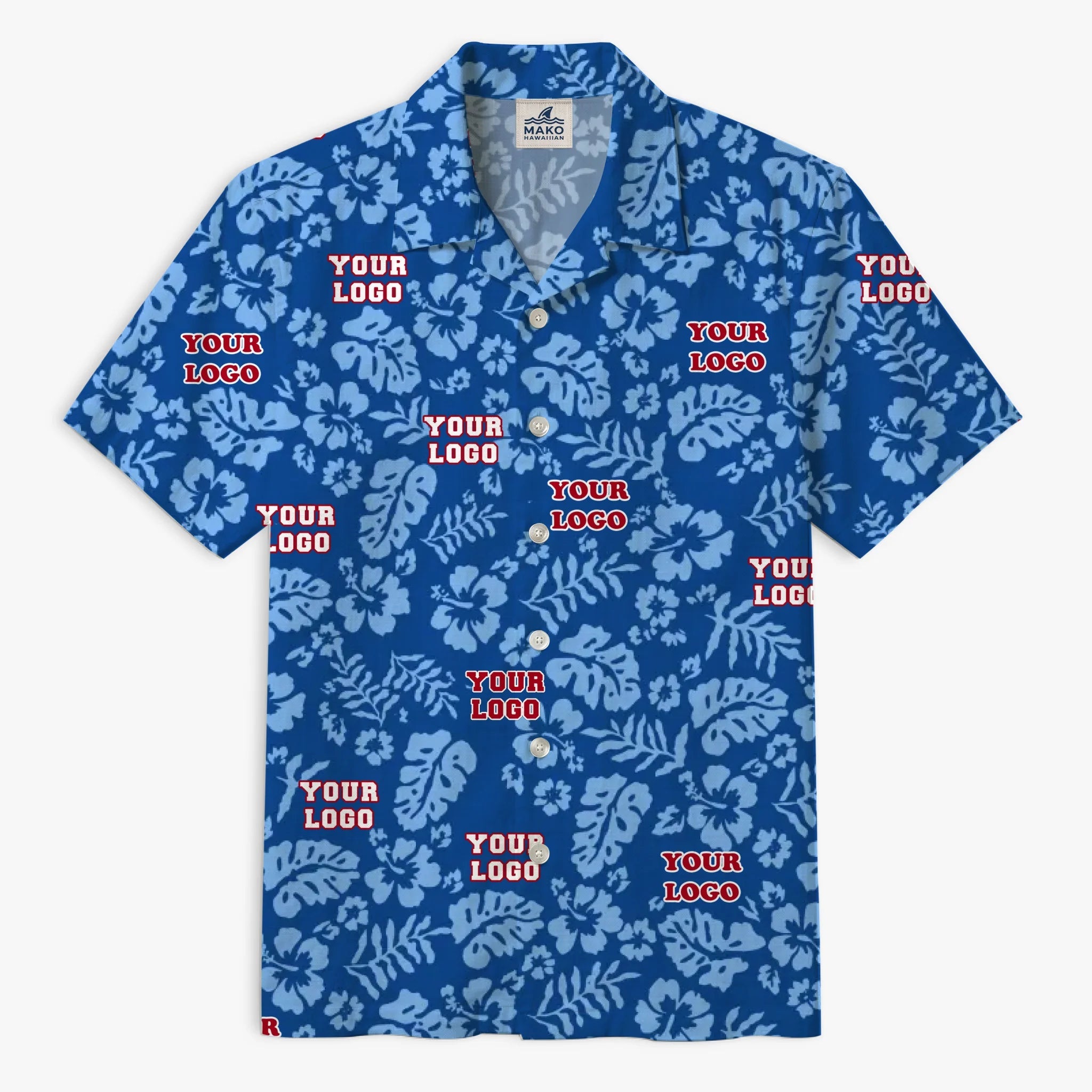 Custom Blue Hibiscus Hawaiian Shirt With Logo - Mako Hawaiian