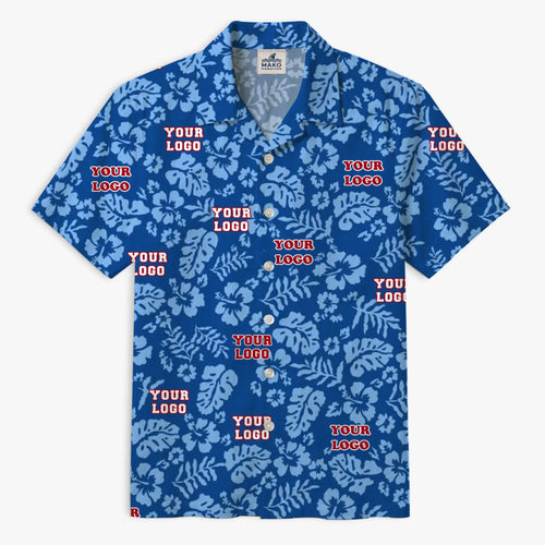 Custom Blue Hibiscus Hawaiian Shirt With Logo - Mako Hawaiian
