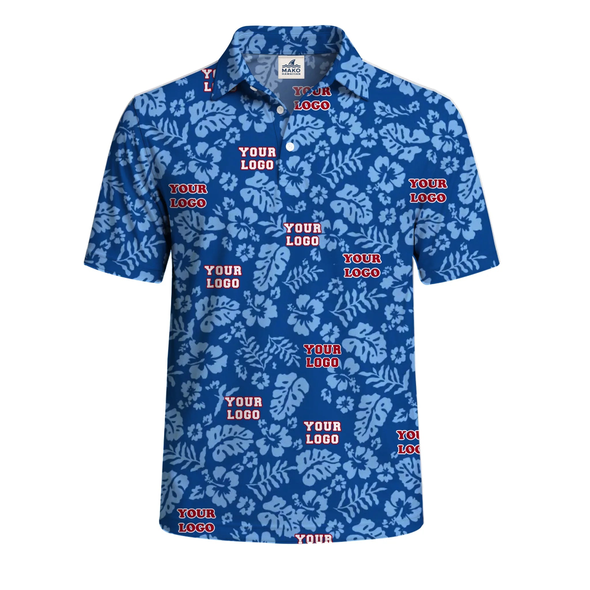 Custom Blue Hibiscus Polo Shirt With Personalized Logo - Mako Hawaiian