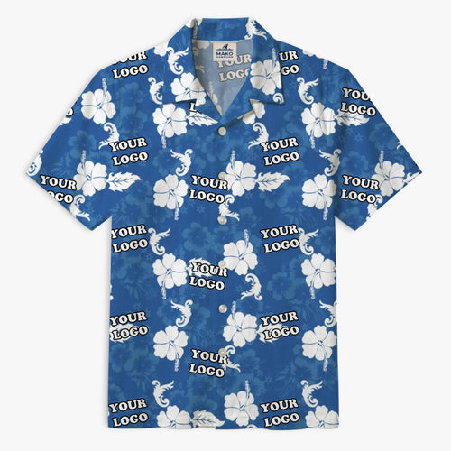 Custom Company Logo Hibiscus Blue Hawaiian Shirt - Mako Hawaiian