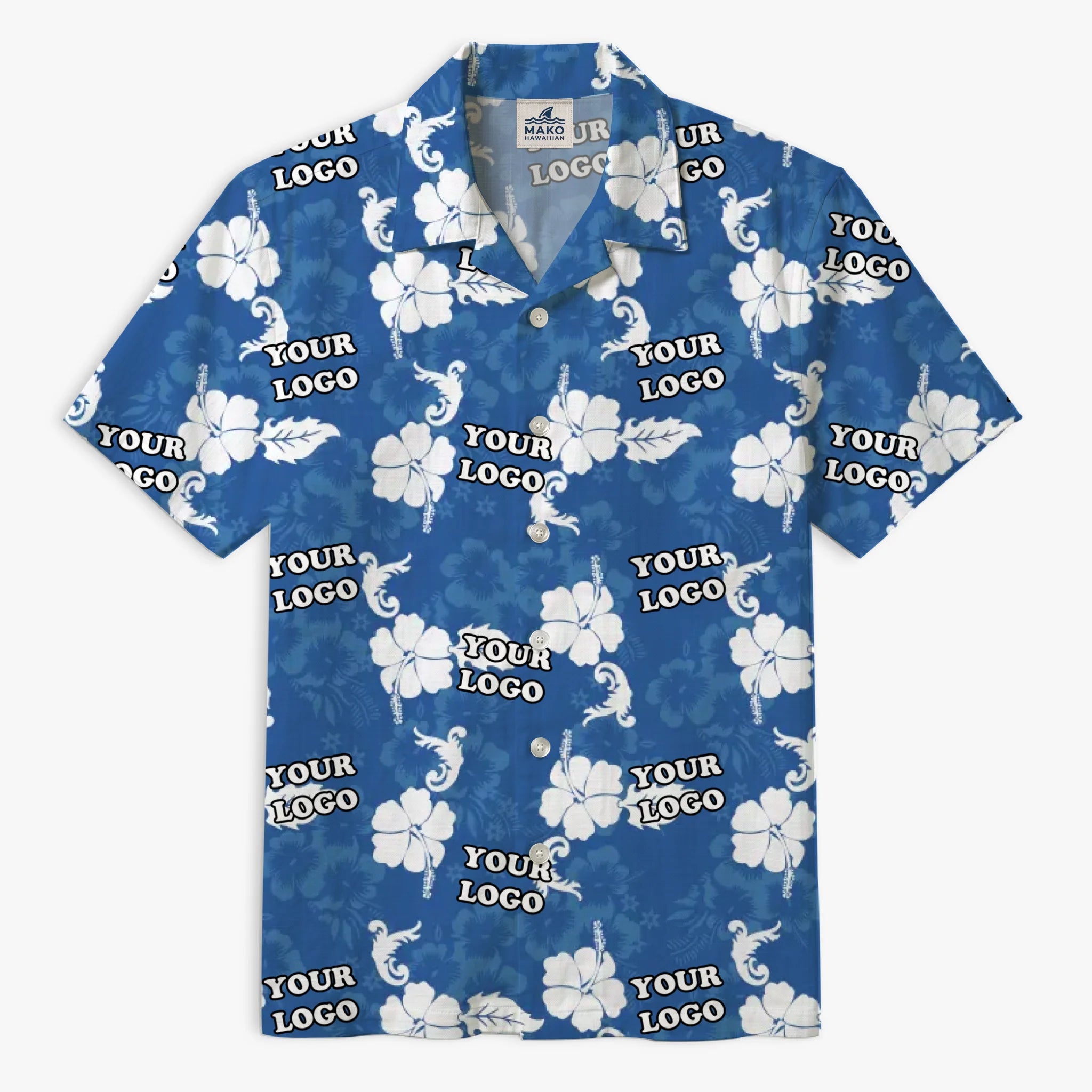 Custom Company Logo Hibiscus Blue Hawaiian Shirt - Mako Hawaiian