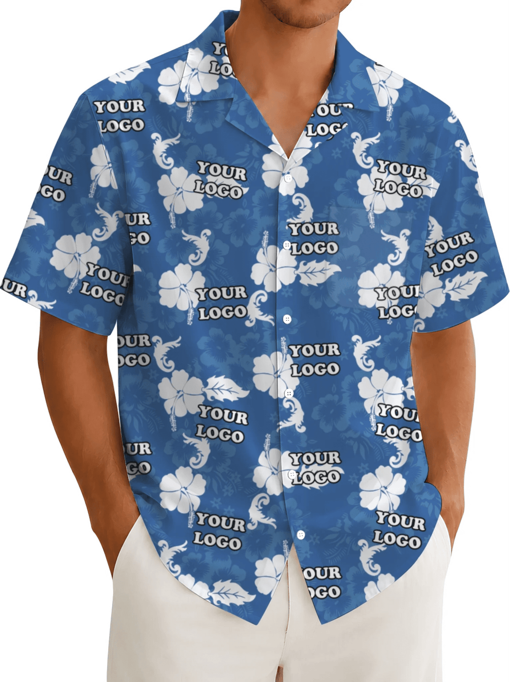Custom Company Logo Hibiscus Blue Hawaiian Shirt - Mako Hawaiian