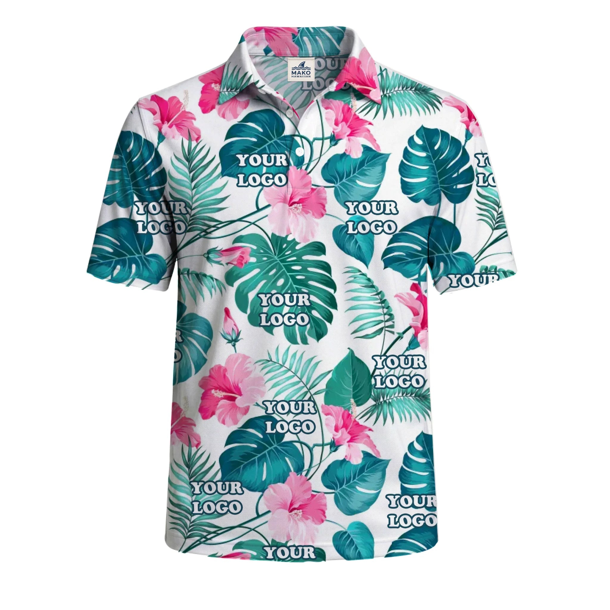 Custom Hibiscus Polo Shirt With Logo For Men - Mako Hawaiian