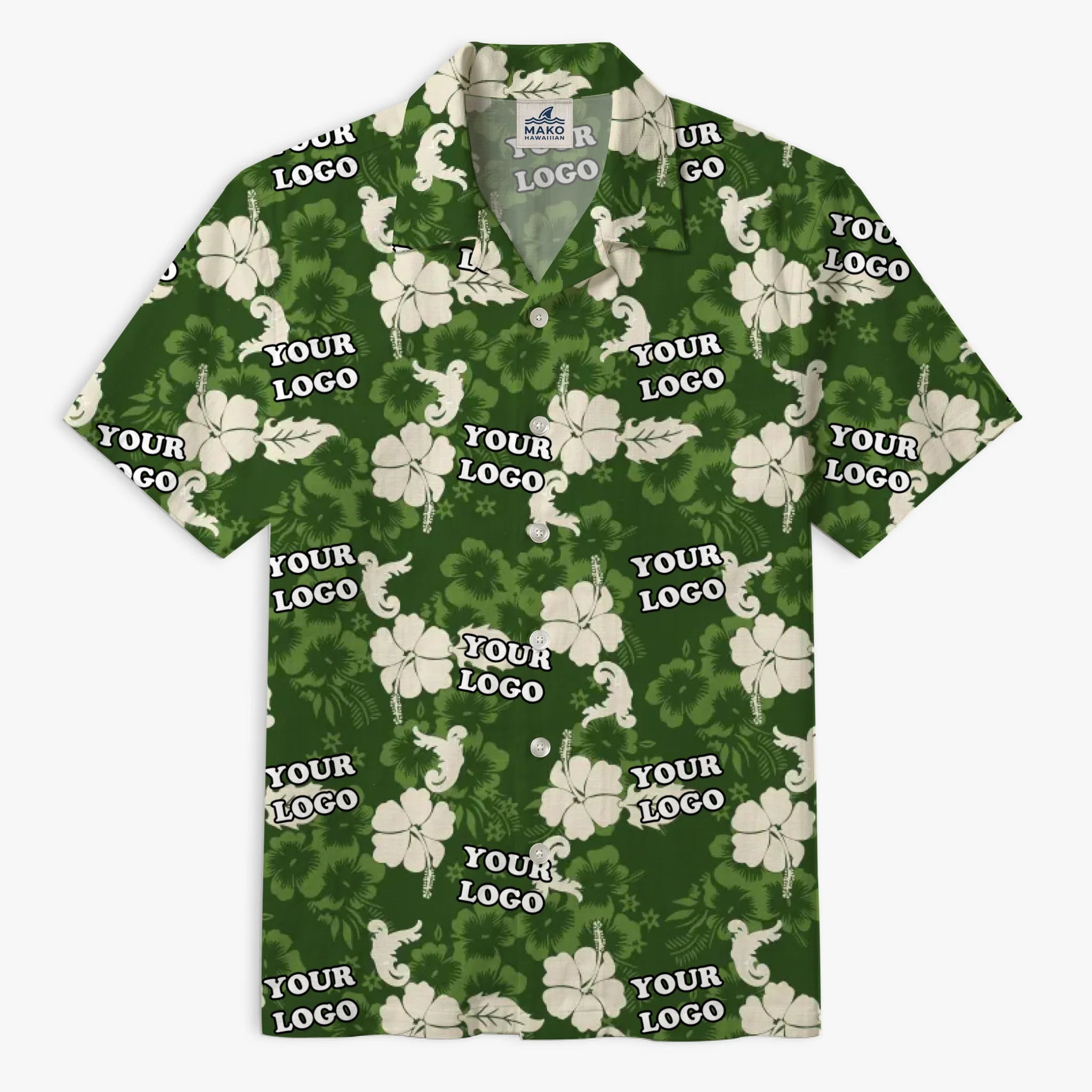 Custom Logo Hibiscus Green Aloha Shirt For Team - Mako Hawaiian