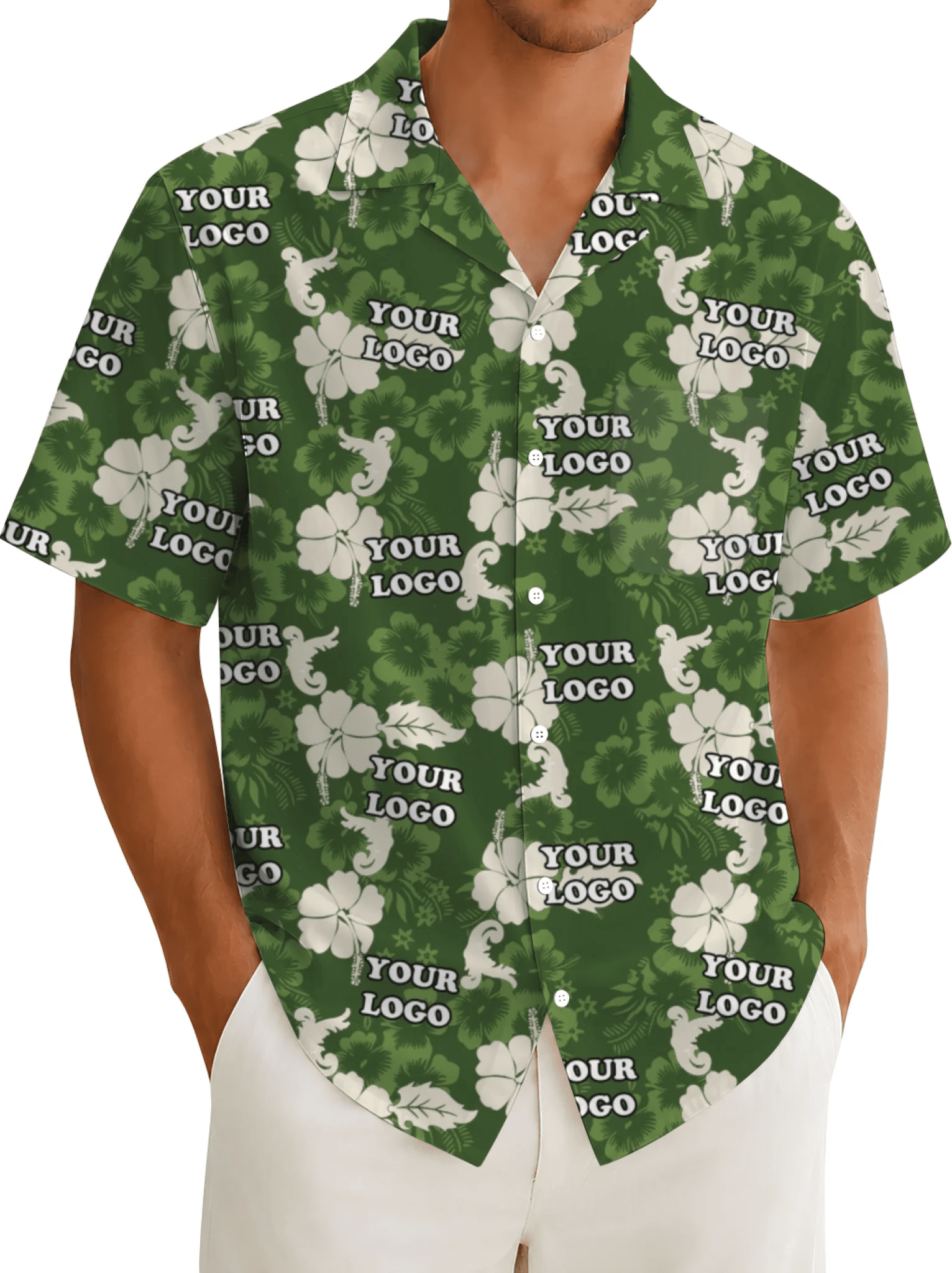 Custom Logo Hibiscus Green Aloha Shirt For Team - Mako Hawaiian