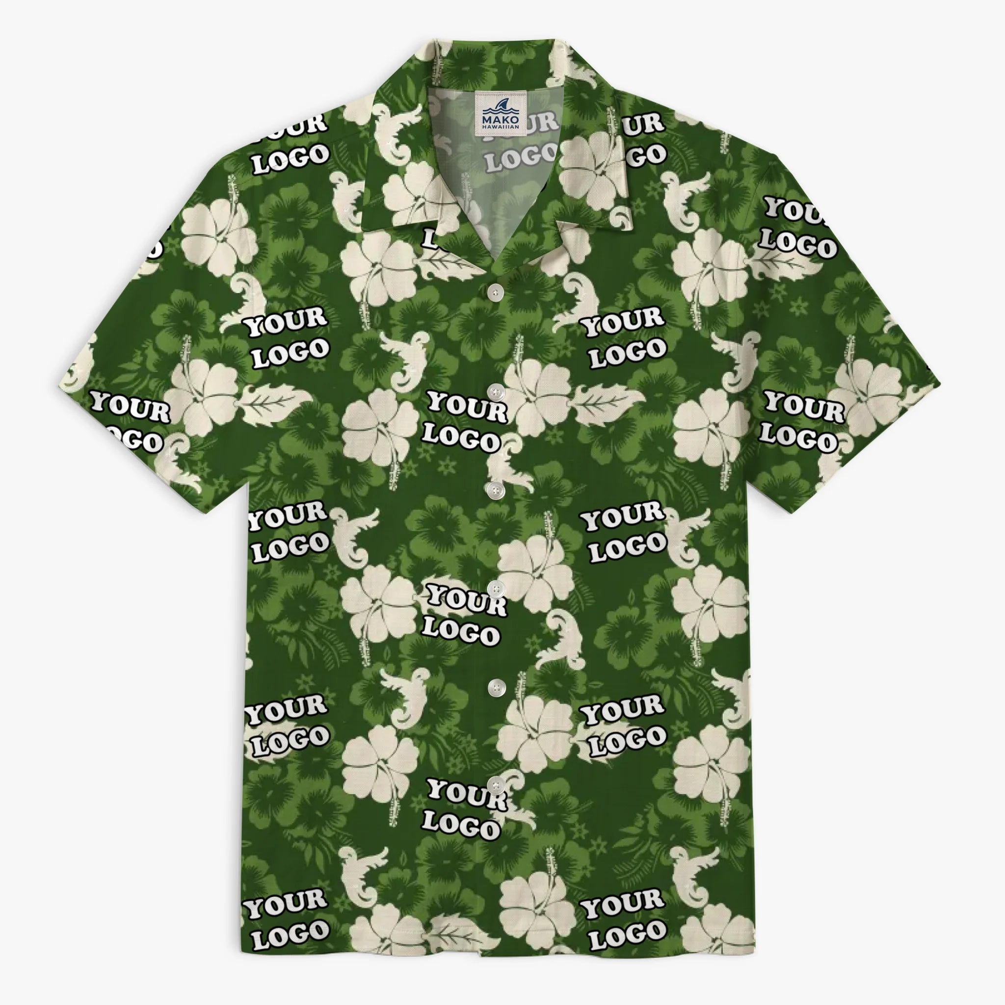 Custom Logo Hibiscus Green Aloha Shirt For Team - Mako Hawaiian