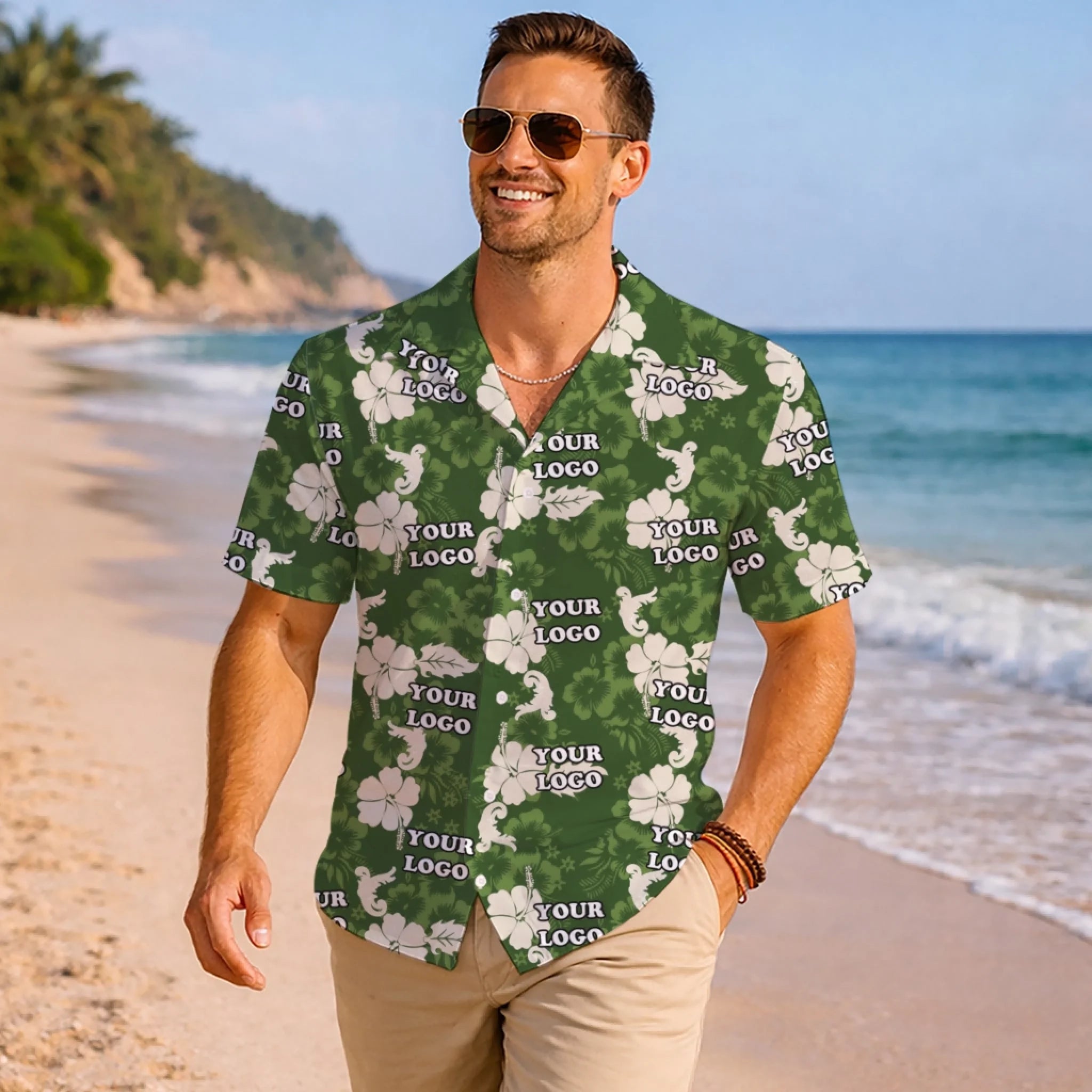 Custom Logo Hibiscus Green Aloha Shirt For Team - Mako Hawaiian