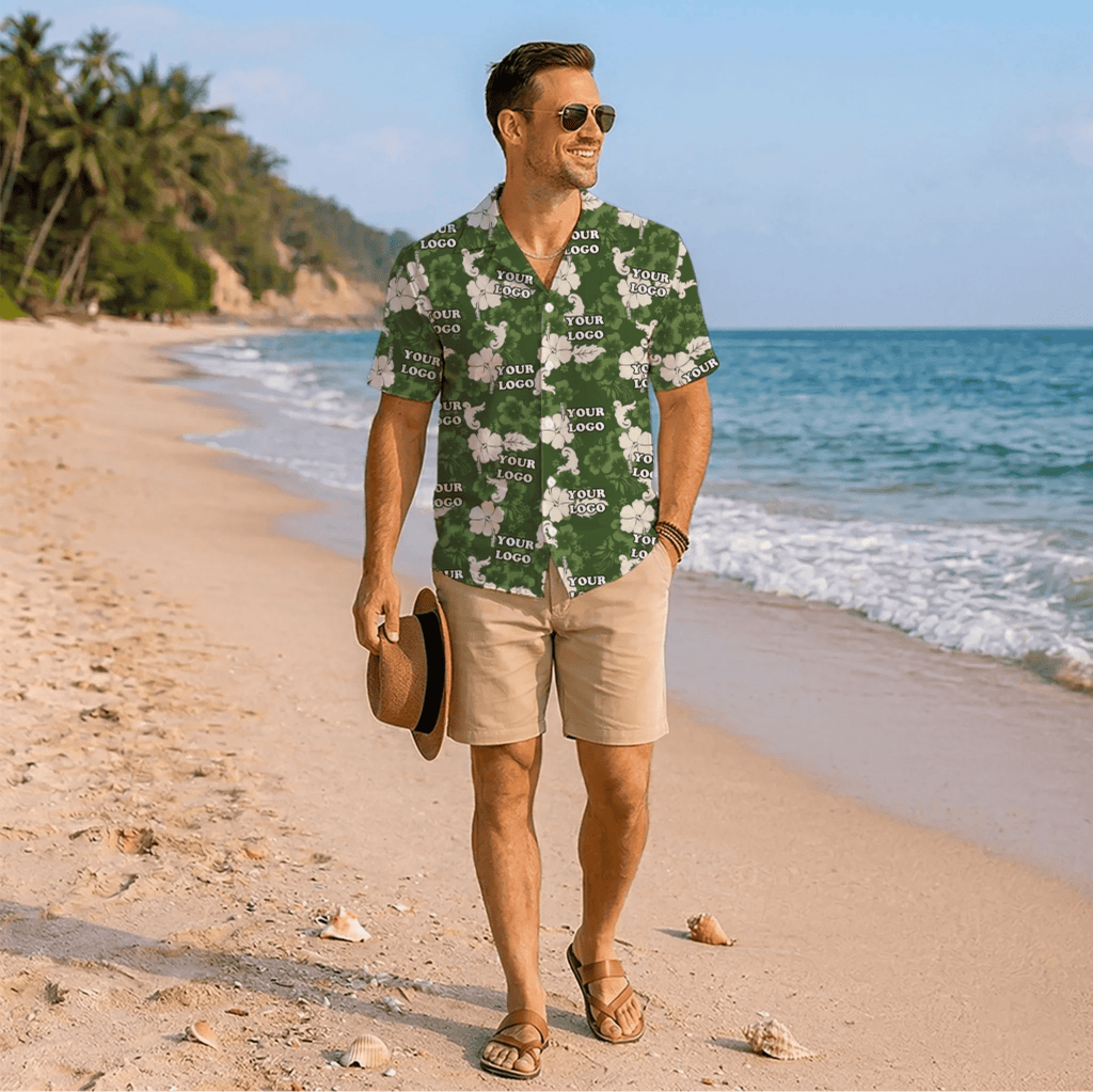 Custom Logo Hibiscus Green Aloha Shirt For Team - Mako Hawaiian
