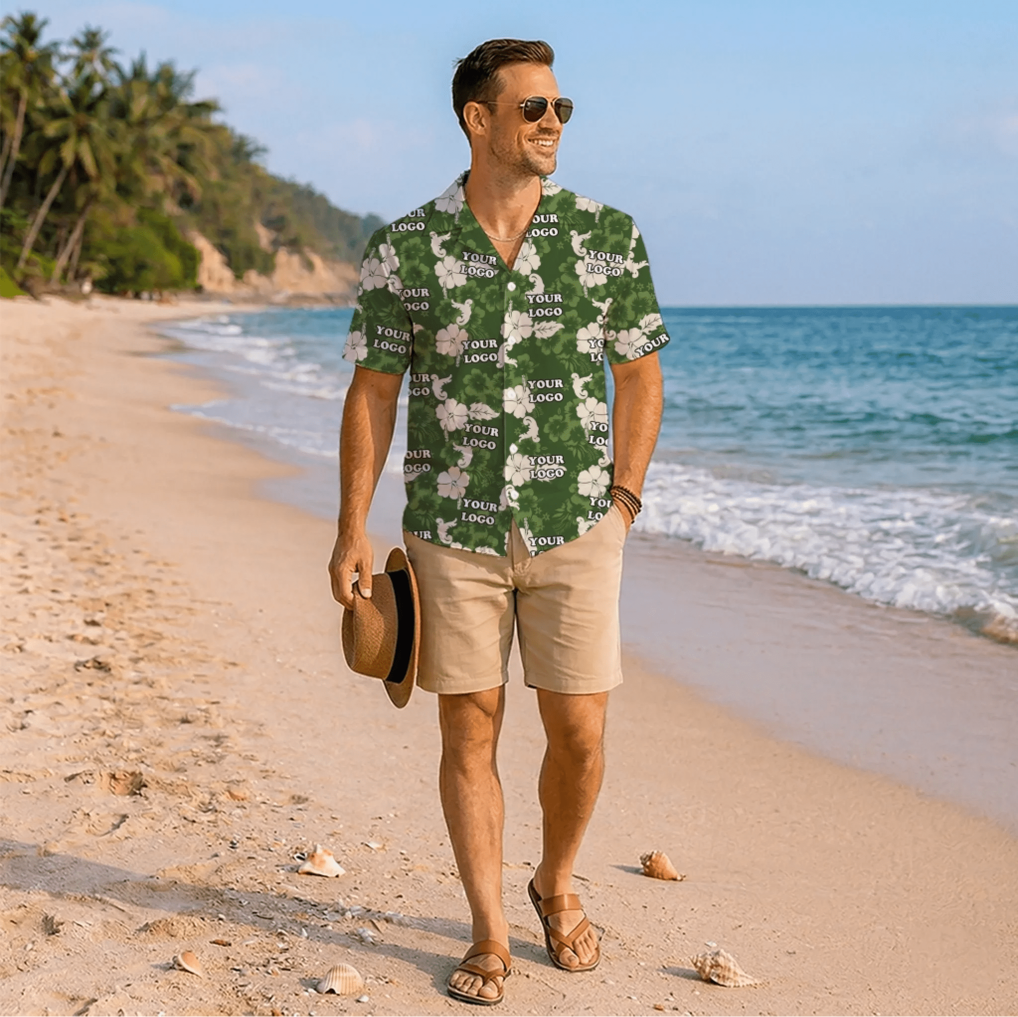 Custom Logo Hibiscus Green Aloha Shirt For Team - Mako Hawaiian