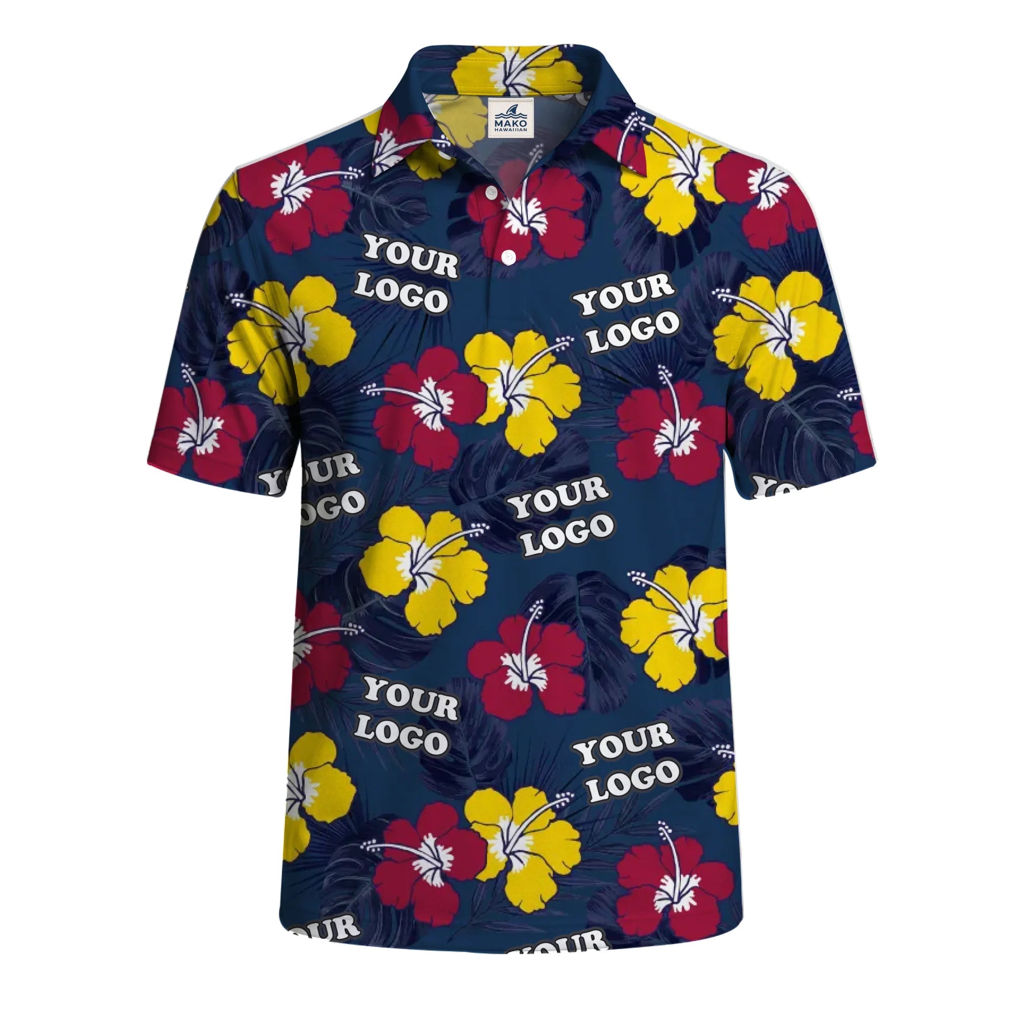 Custom Logo Navy Hibiscus Polo Shirt With No Minimum - Mako Hawaiian