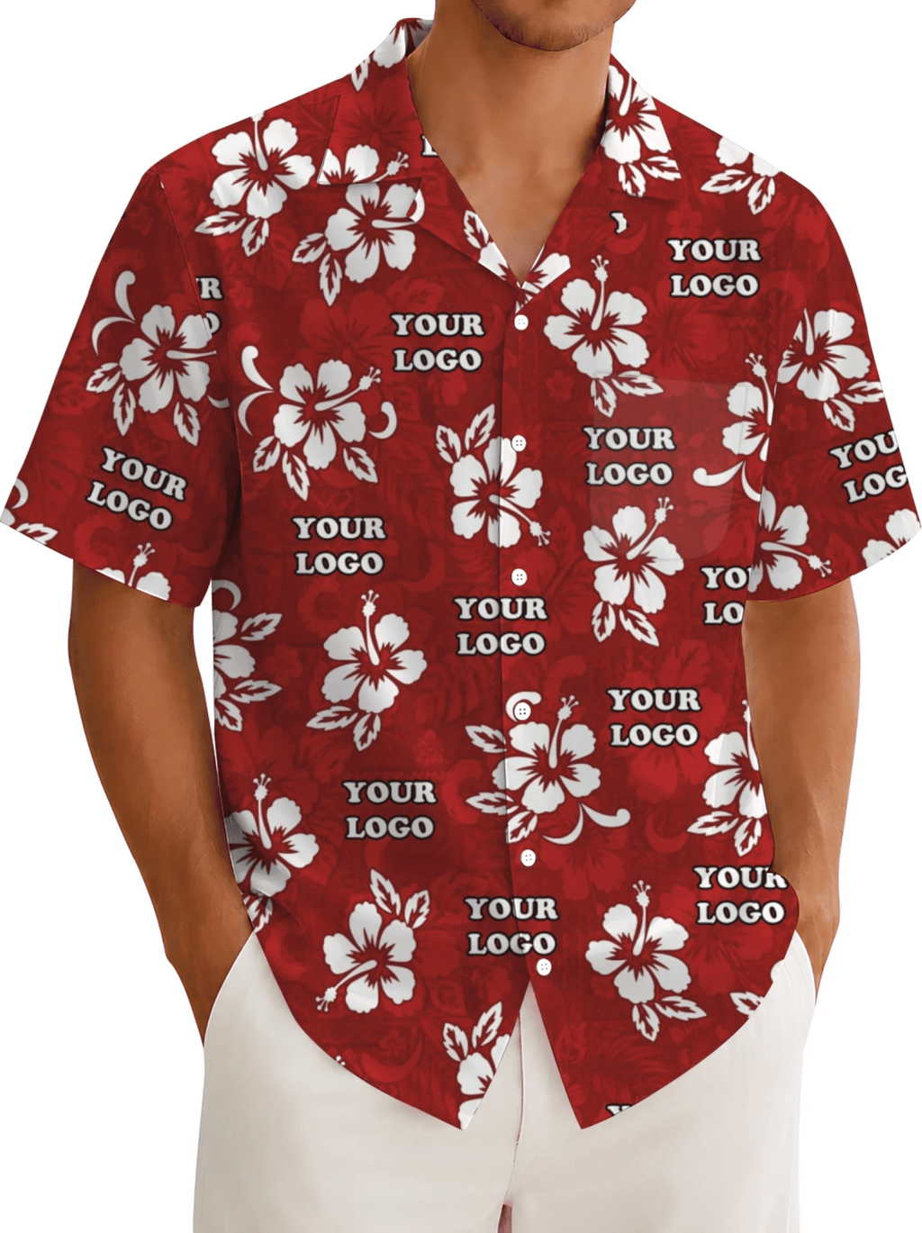 Custom Multiple Logos Red Hawaiian Shirt No Minimum - Mako Hawaiian
