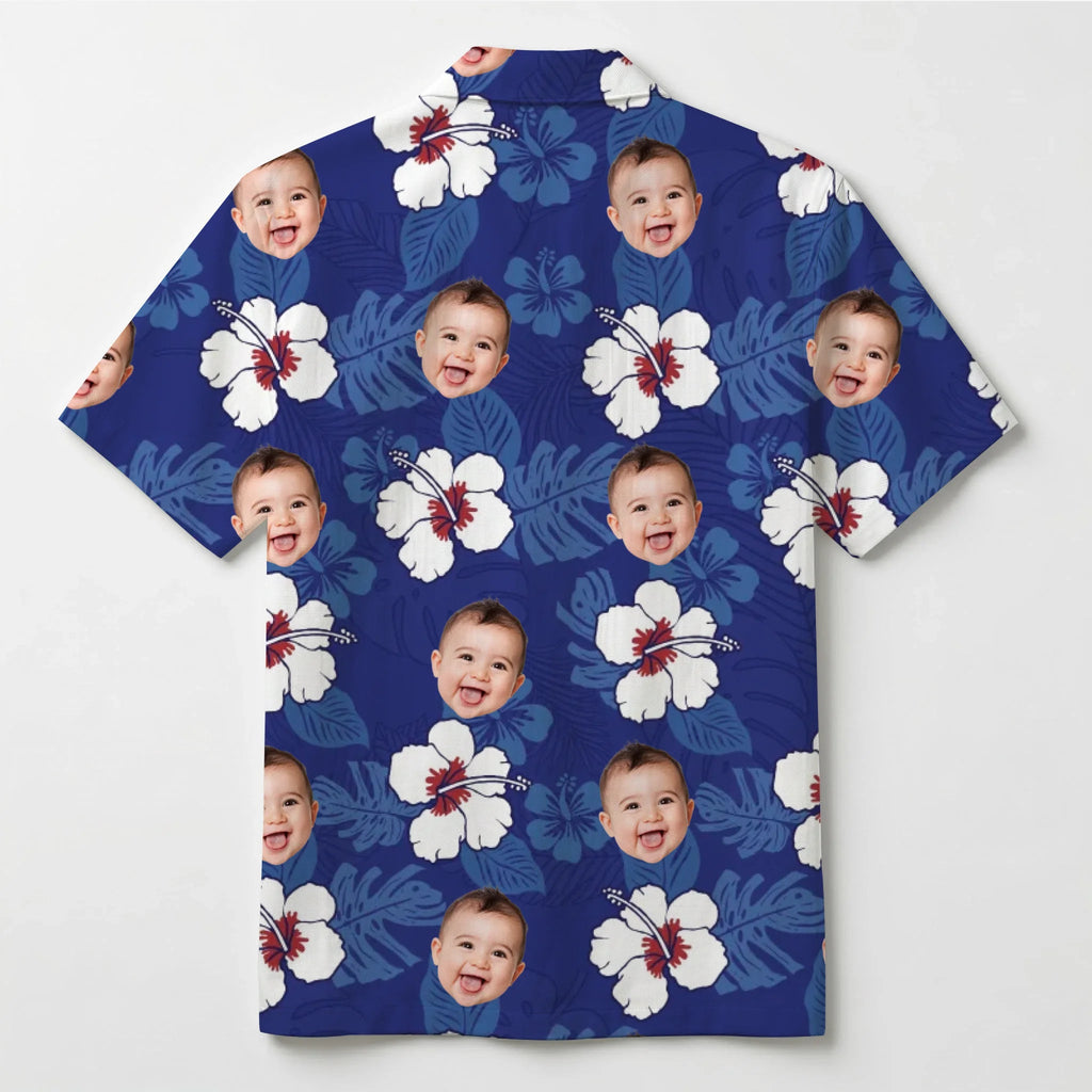 [Exclusive] Custom Face Tropical Navy Hibiscus Hawaiian Shirt - Mako Hawaiian