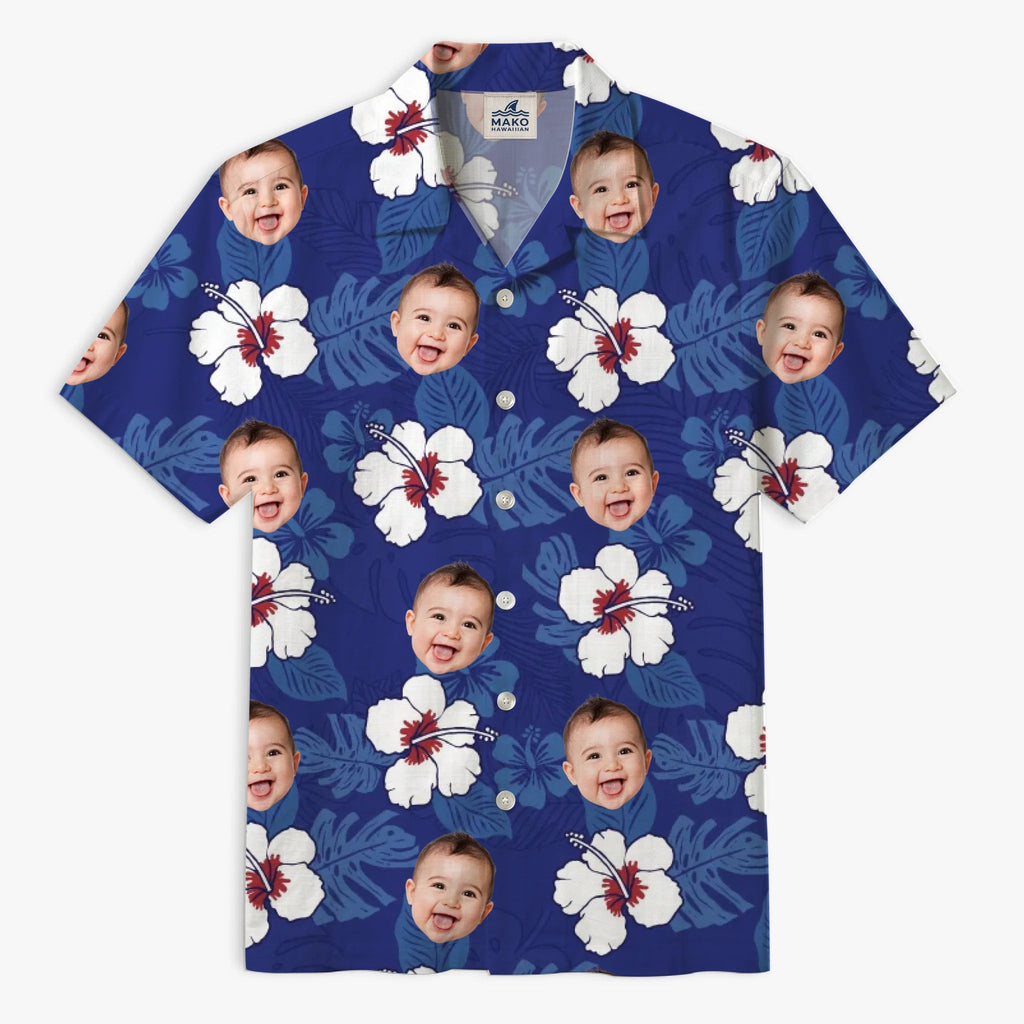 [Exclusive] Custom Face Tropical Navy Hibiscus Hawaiian Shirt - Mako Hawaiian