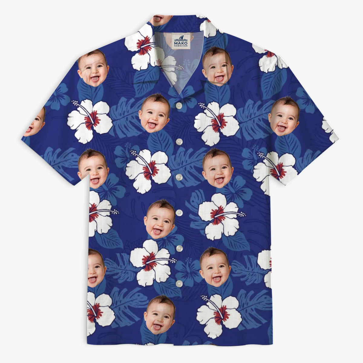 [Exclusive] Custom Face Tropical Navy Hibiscus Hawaiian Shirt - Mako Hawaiian