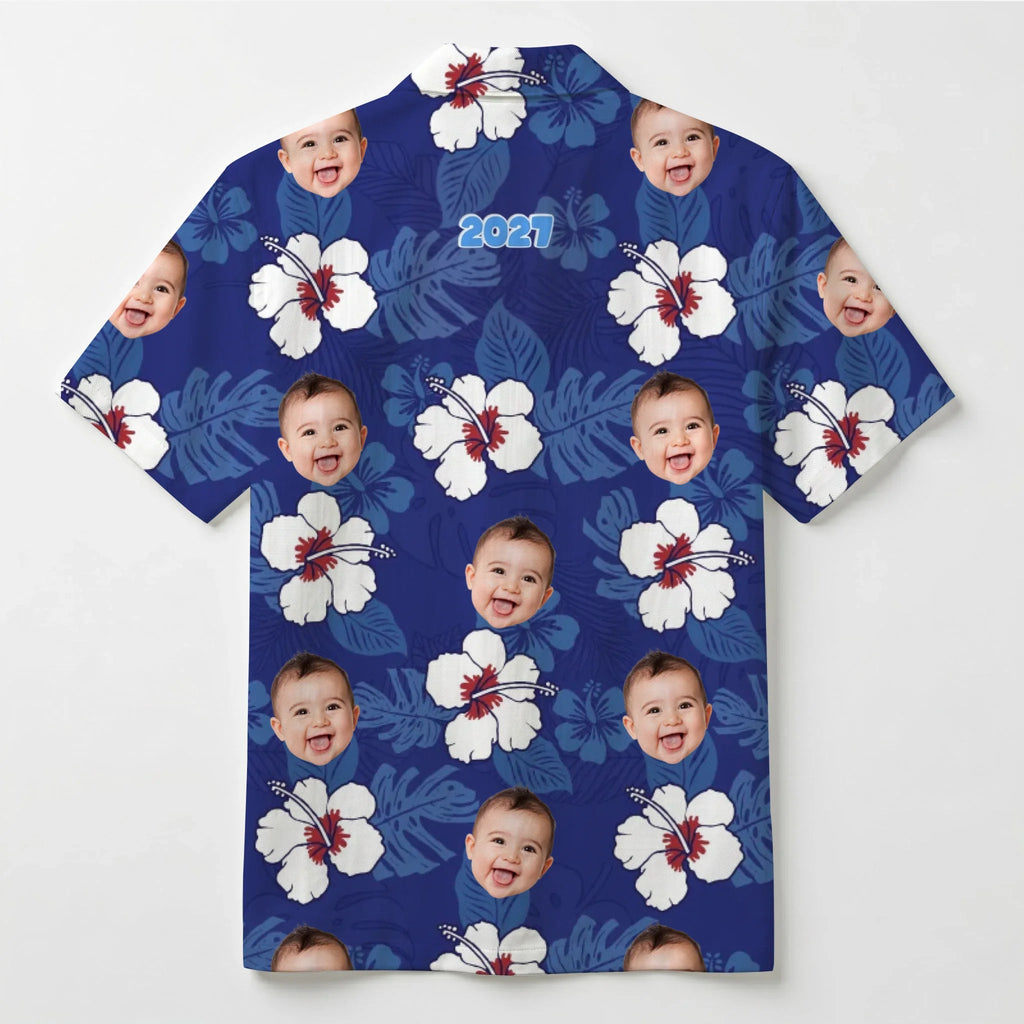 [Exclusive] Custom Face Tropical Navy Hibiscus Hawaiian Shirt - Mako Hawaiian