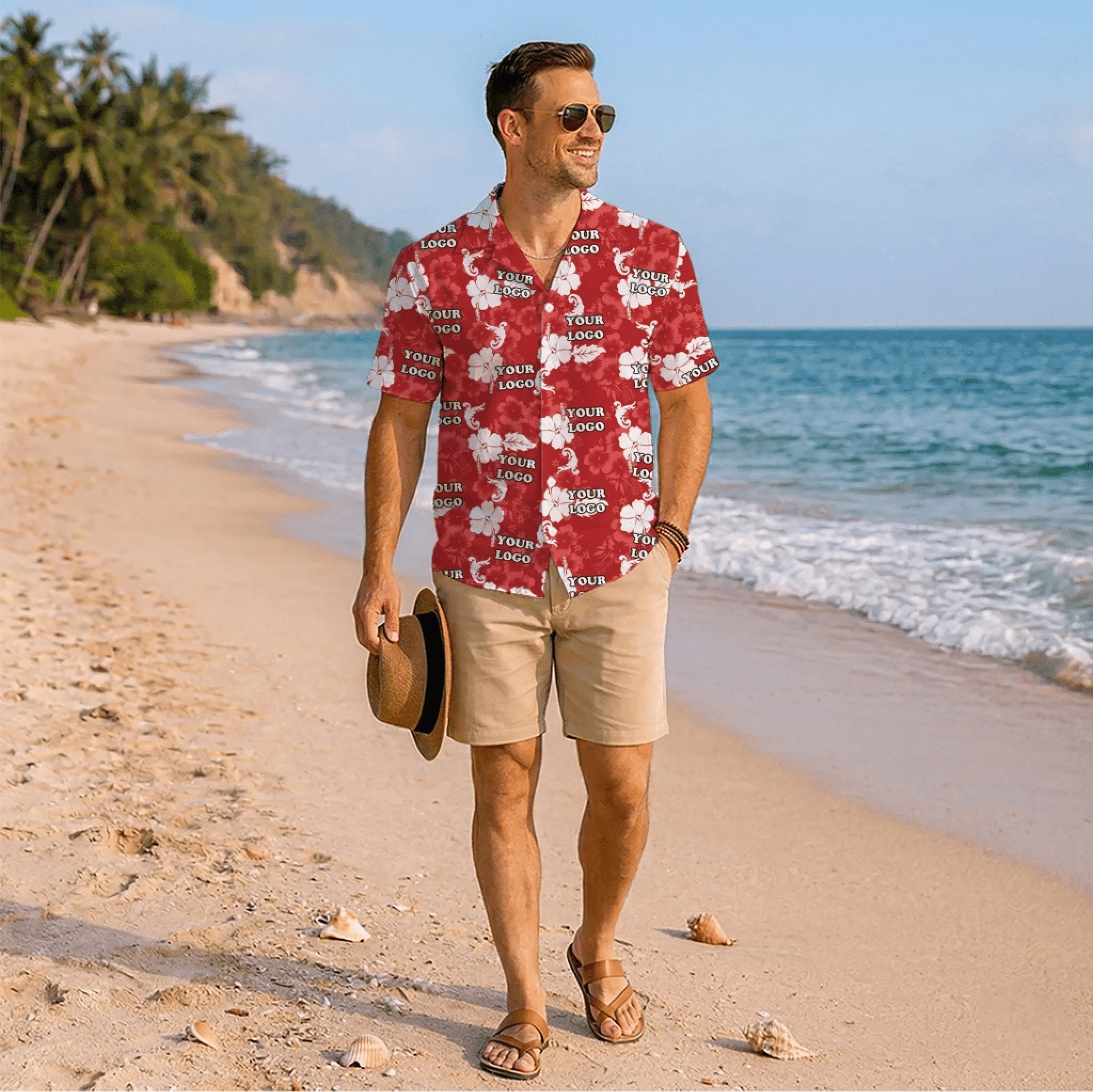 Floral Red Hawaiian Shirt With Custom Logo For Brand - Mako Hawaiian