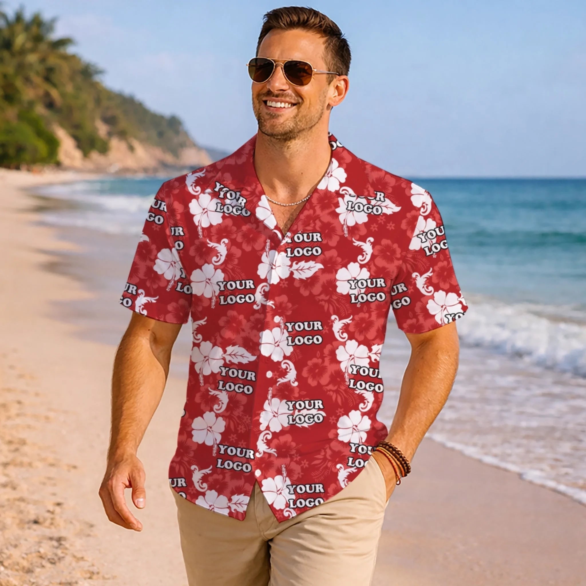 Floral Red Hawaiian Shirt With Custom Logo For Brand - Mako Hawaiian