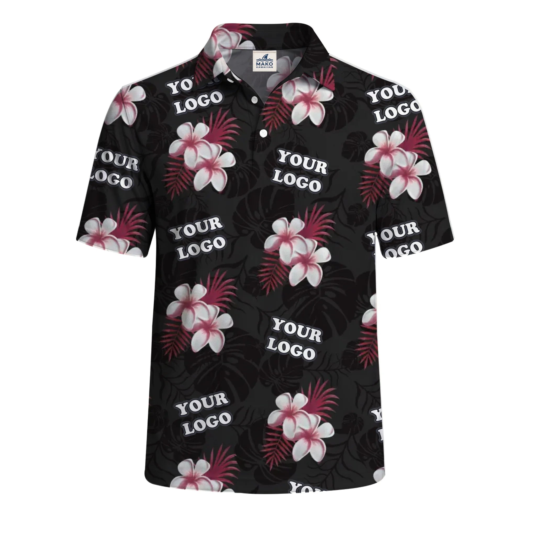 Midnight Black Hibiscus Polo Shirt For Men With Live Preview - Mako Hawaiian