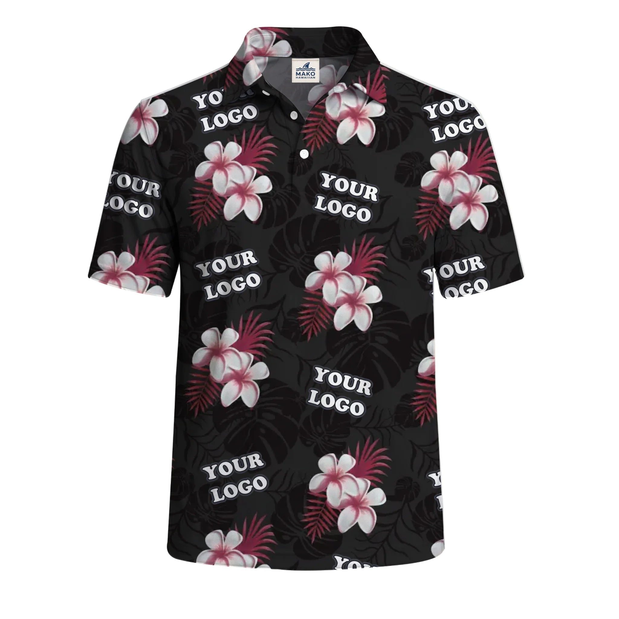 Midnight Black Hibiscus Polo Shirt For Men With Live Preview - Mako Hawaiian