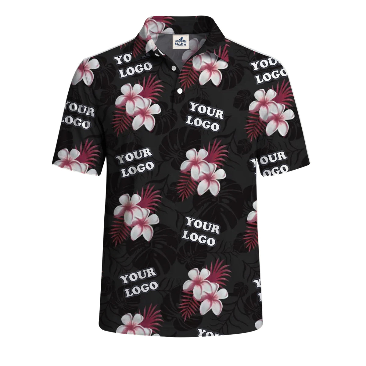 Midnight Black Hibiscus Polo Shirt For Men With Live Preview - Mako Hawaiian
