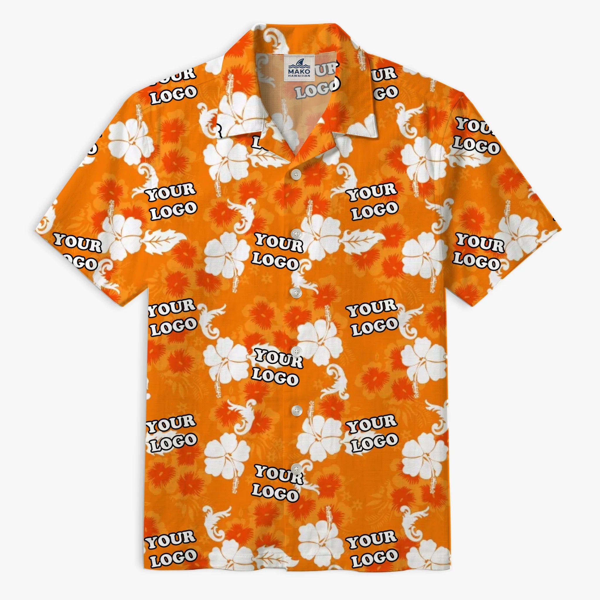 Orange Personalized Hawaiian Shirt With Company Logo - Mako Hawaiian