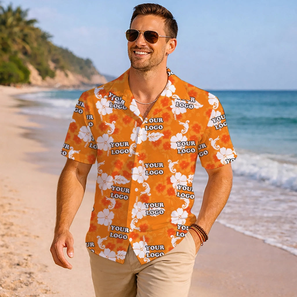 Orange Personalized Hawaiian Shirt With Company Logo - Mako Hawaiian