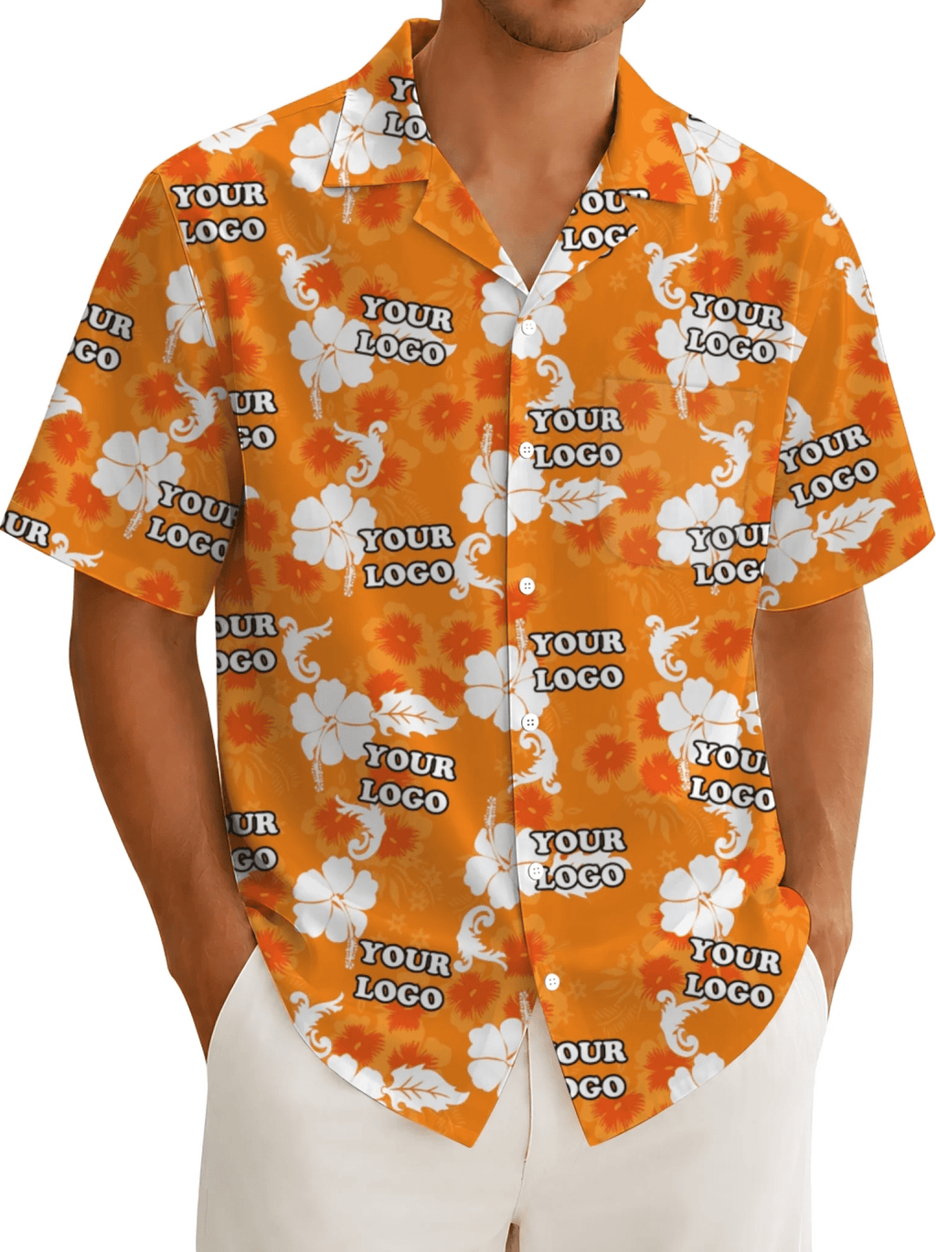 Orange Personalized Hawaiian Shirt With Company Logo - Mako Hawaiian