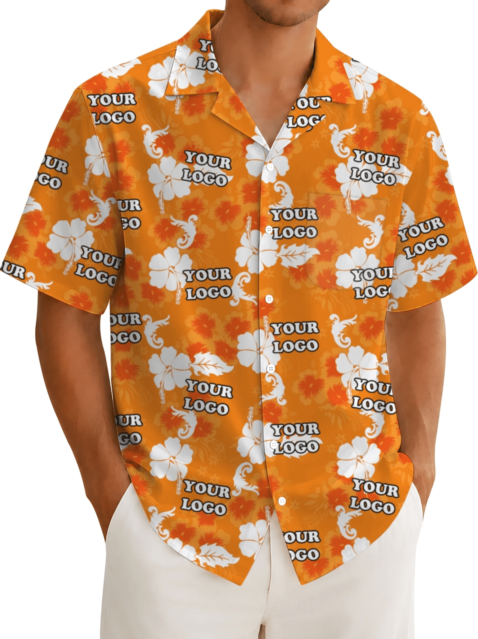 Orange Personalized Hawaiian Shirt With Company Logo - Mako Hawaiian
