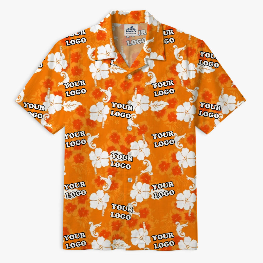 Orange Personalized Hawaiian Shirt With Company Logo - Mako Hawaiian