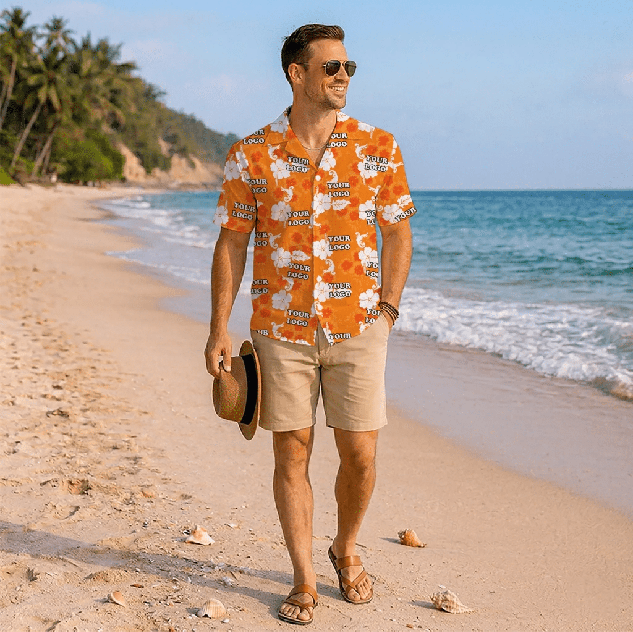 Orange Personalized Hawaiian Shirt With Company Logo - Mako Hawaiian
