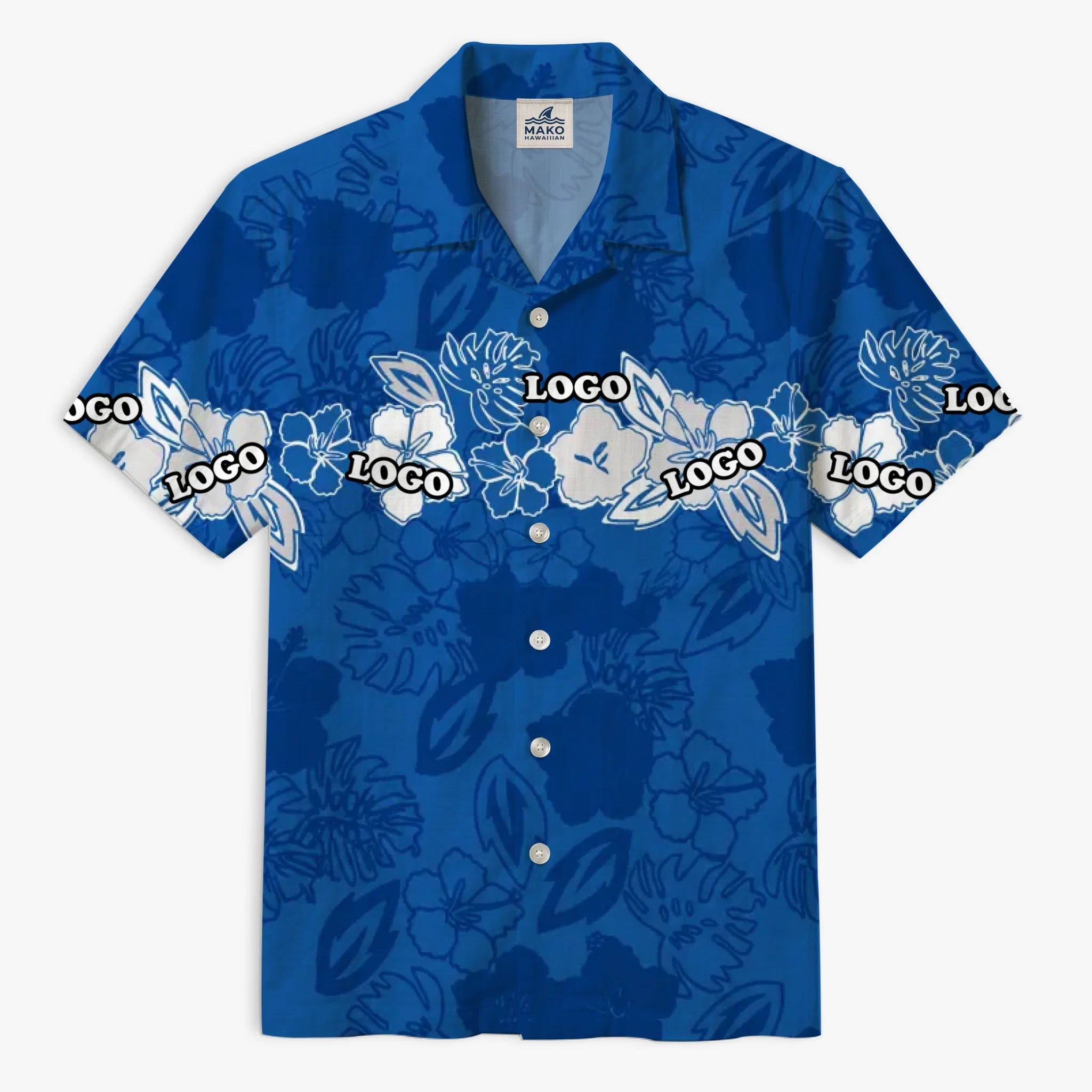 Personalized Blue Island Bloom Aloha Shirt With Logo - Mako Hawaiian