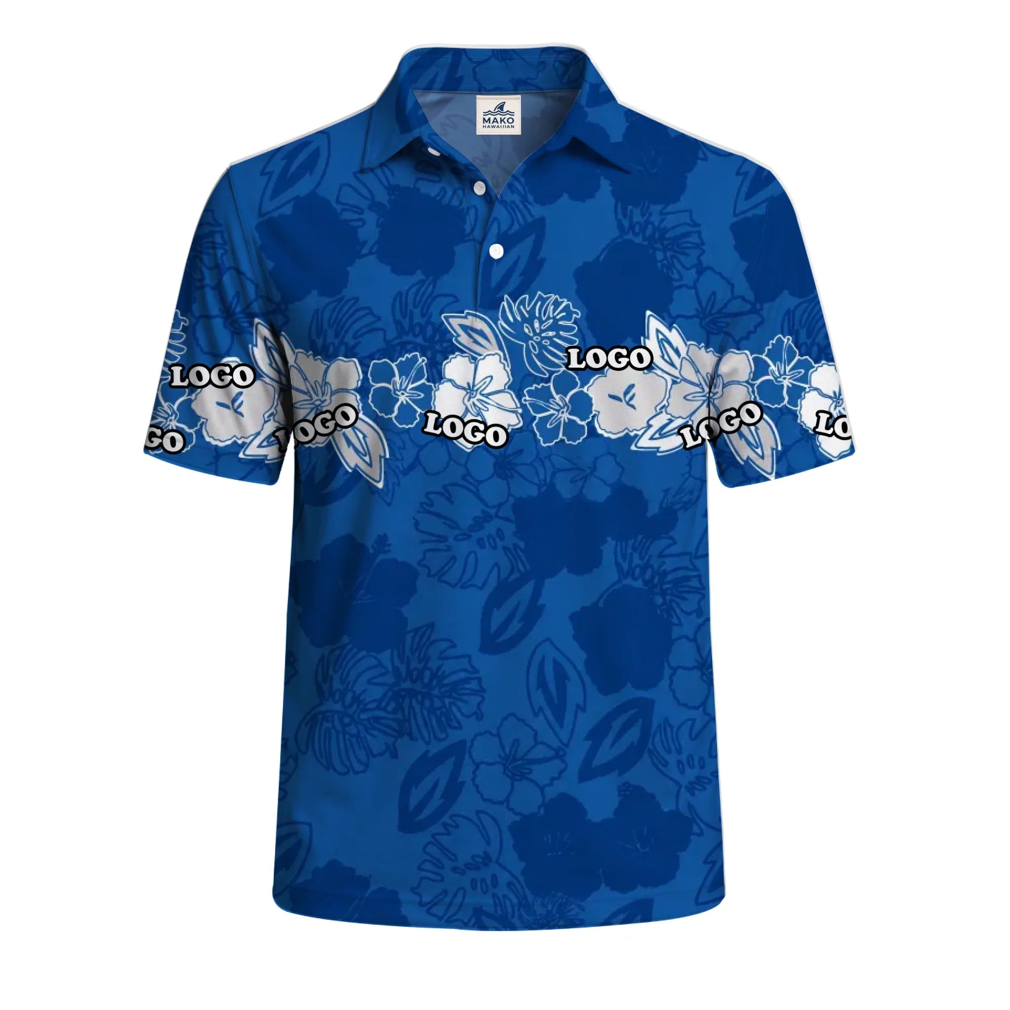 Personalized Blue Island Bloom Polo Shirt With Logo - Mako Hawaiian