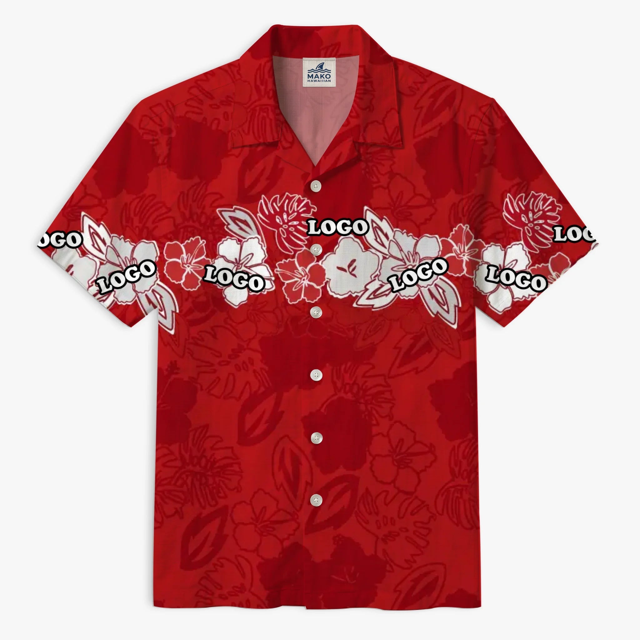 Personalized Red Island Bloom Aloha Shirt With Logo - Mako Hawaiian