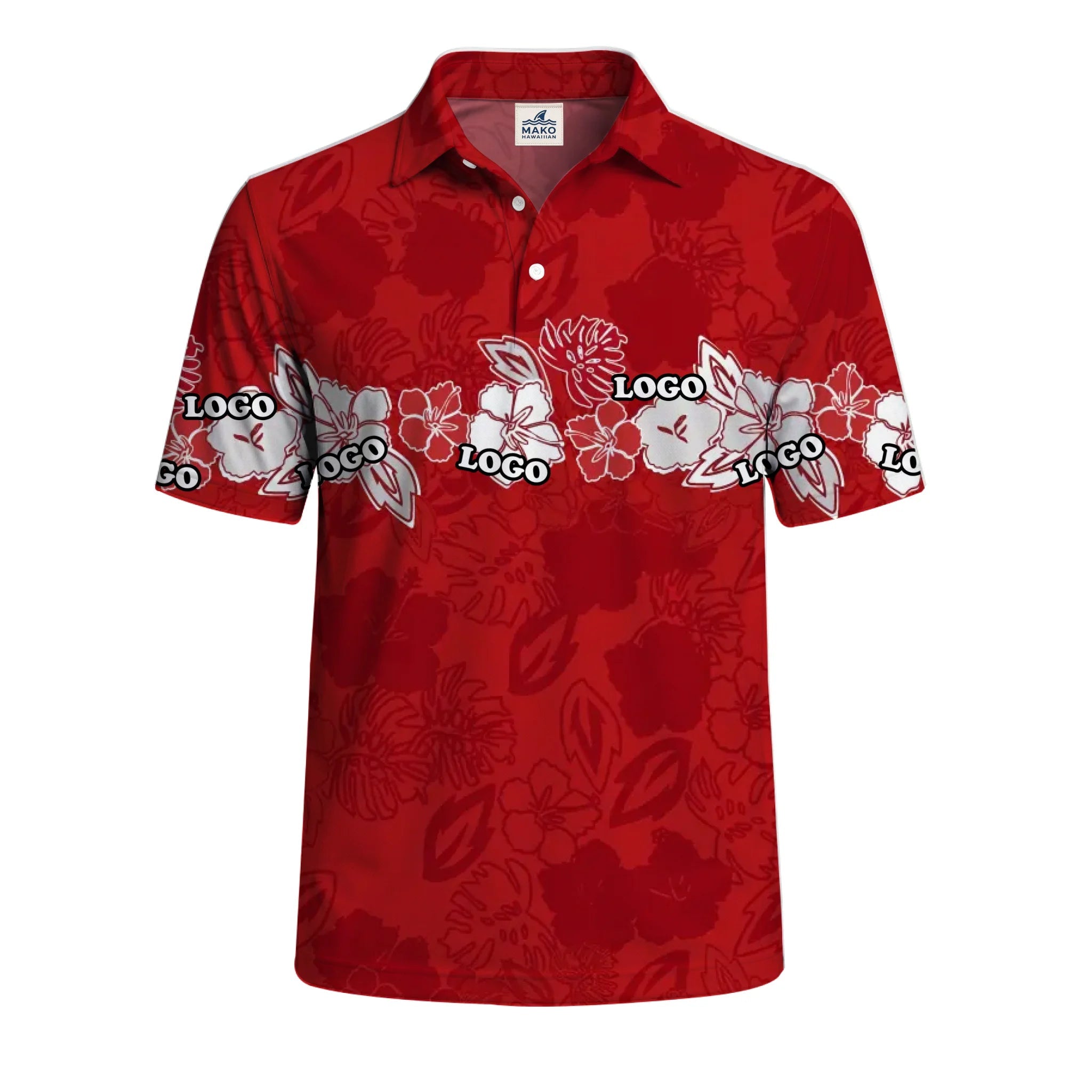 Personalized Red Island Bloom Polo Shirt With Logo - Mako Hawaiian