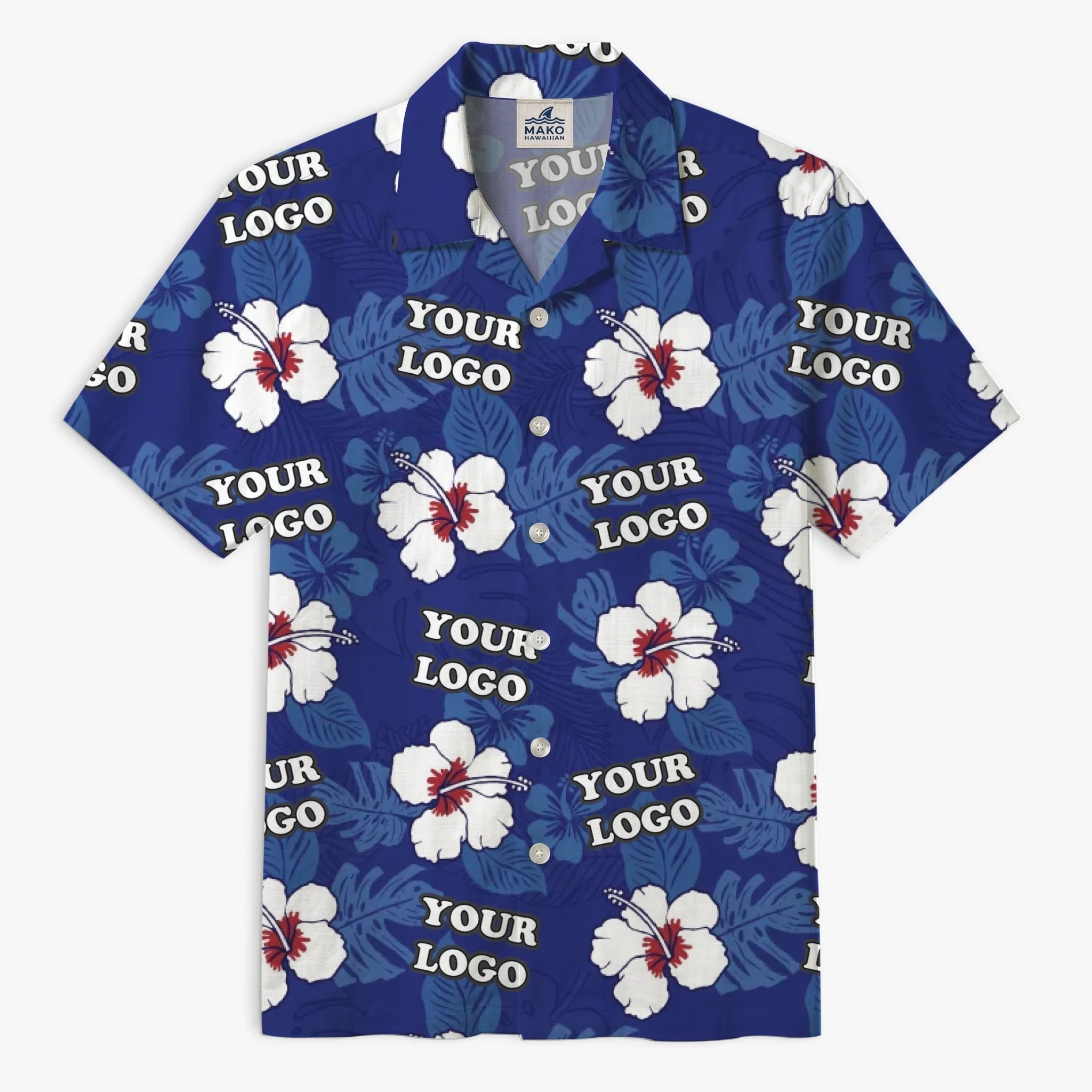 Tropical Navy Hibiscus White Hawaiian Shirt For Men With Live Preview - Mako Hawaiian