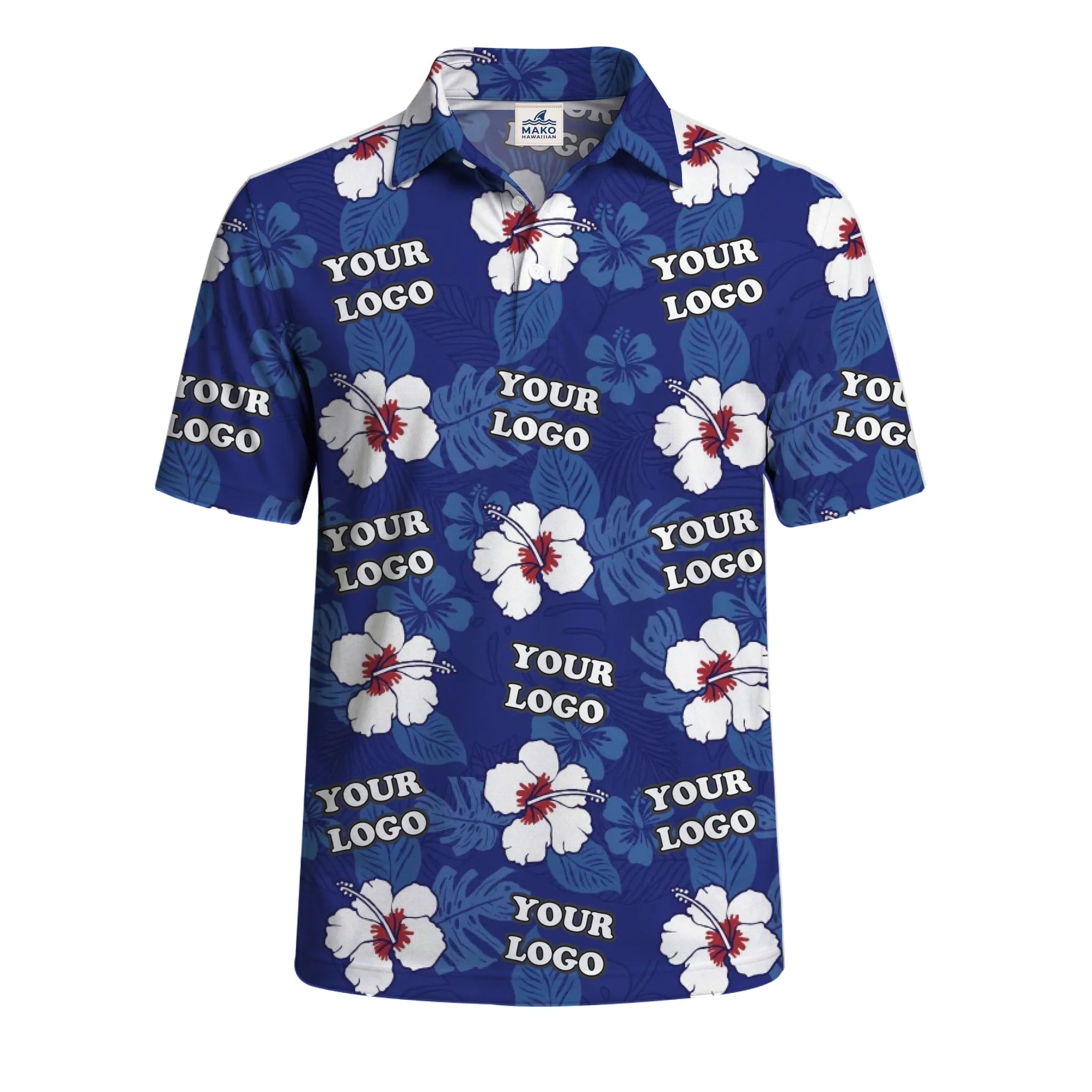 Tropical Navy Hibiscus White Polo Shirt For Men With Live Preview - Mako Hawaiian